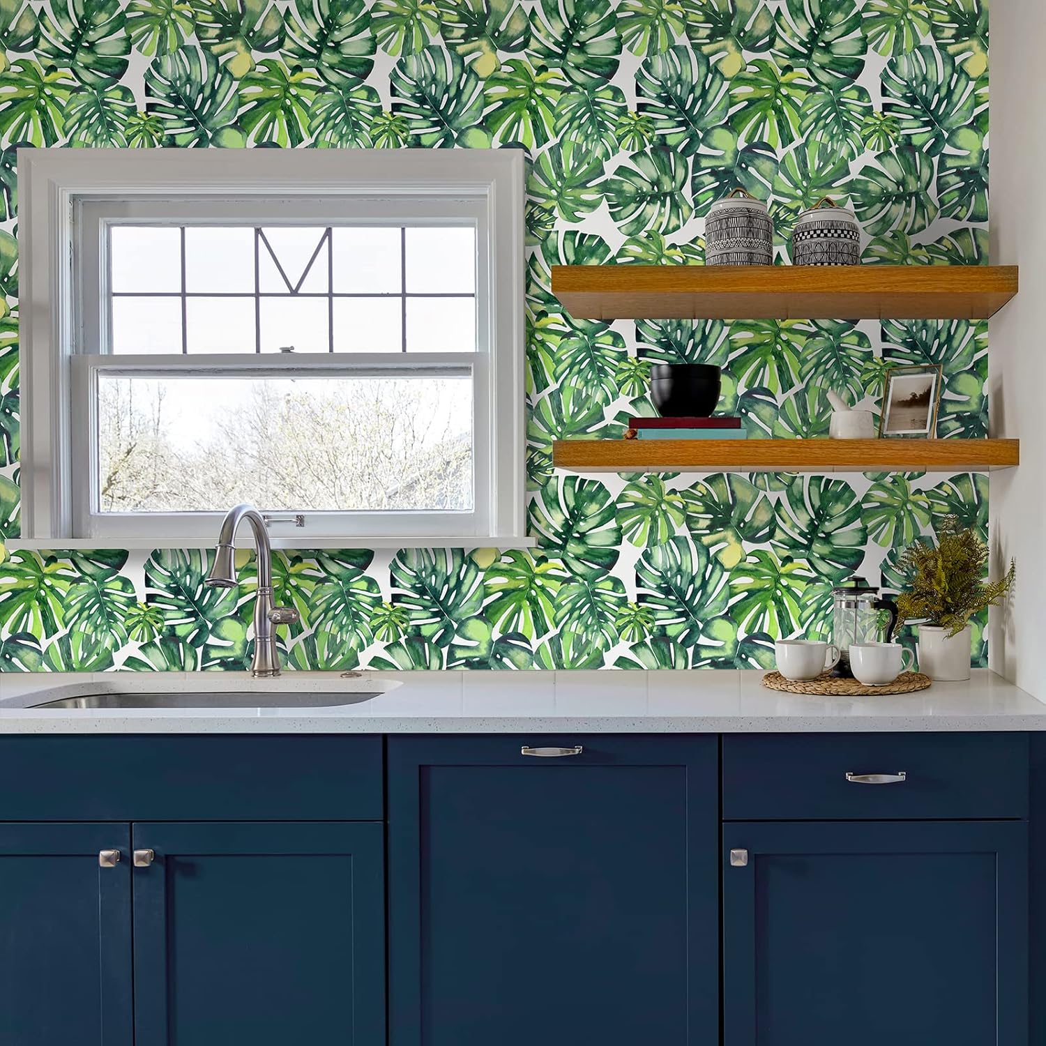 CHIHUT Watercolor Tropical Monstera Palm Leaf Wallpaper Botanical Peel and Stick Wallpaper for Living Room Bedroom Bathroom Waterproof Self Adhesive Leaves Contact Paper for Cabinets 17.7''x236''
