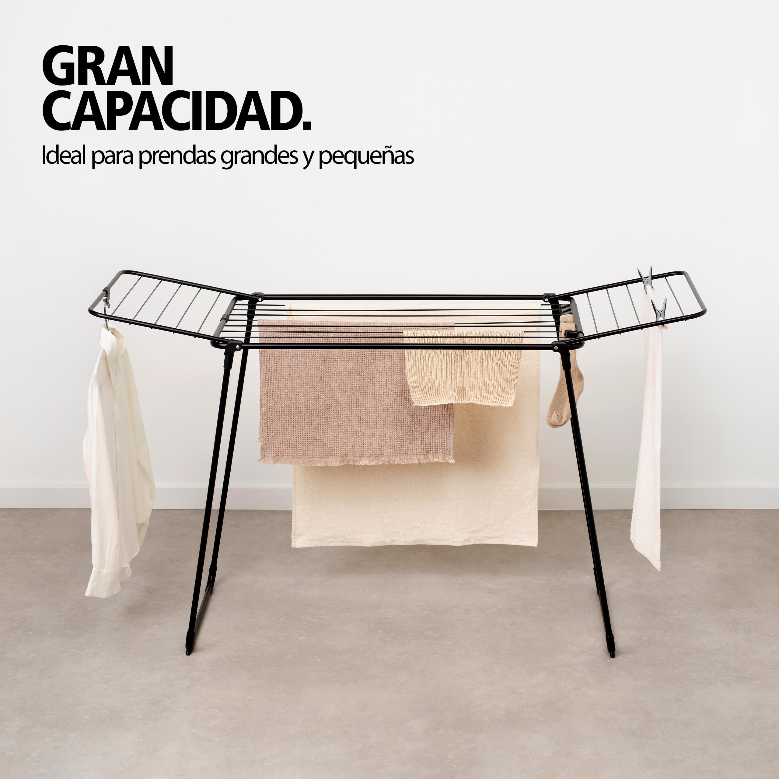 Brabantia HangOn Too Tendedero 18 M (Negro Mate), tendedero Plegable con Capacidad para hasta 1 Carga de Lavadora, tenderete de Ropa Plegable para Todo Tipo de Prendas, no Necesita Pinzas