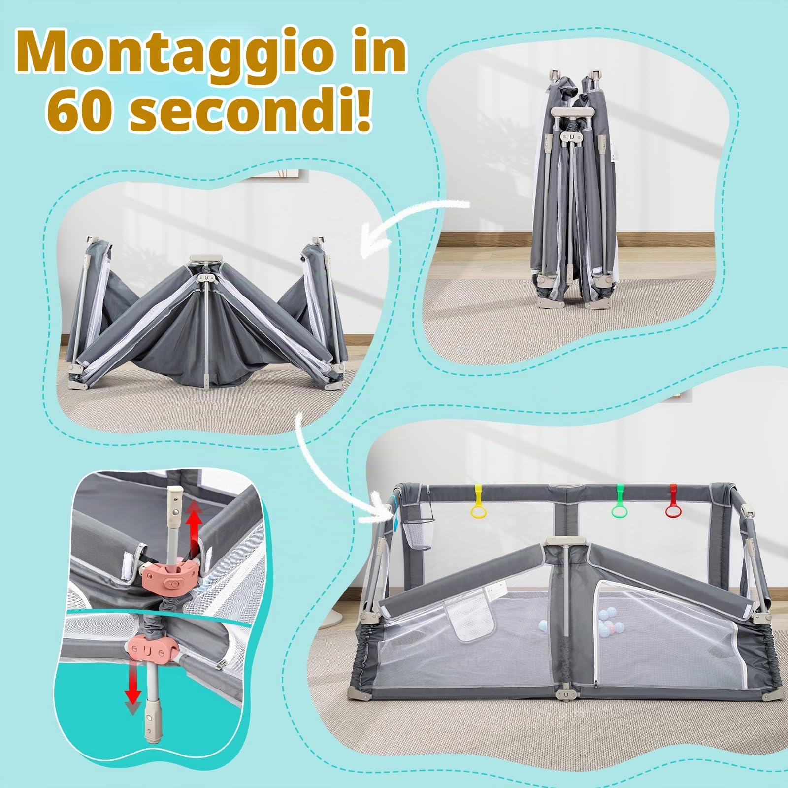 CHOLY Box pieghevole per bambini con tappetino, box per neonati e bambini | Parco giochi portatile con palline oceaniche, recinto per bambini con borsa da viaggio (grigio, 180 x 150 cm)