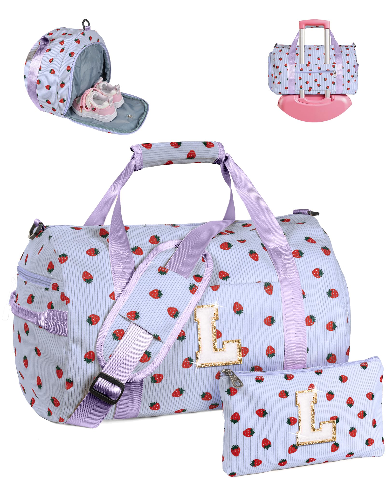 Vogewood Teen Girl Gifts Trendy Stuff, Girls Gym Bag, Kids Personalized Weekend Duffel Bags with Shoe Compartment, Initial Travel Tote with Makeup Pouch, Birthday Gift for Teenager, Purple, L, L