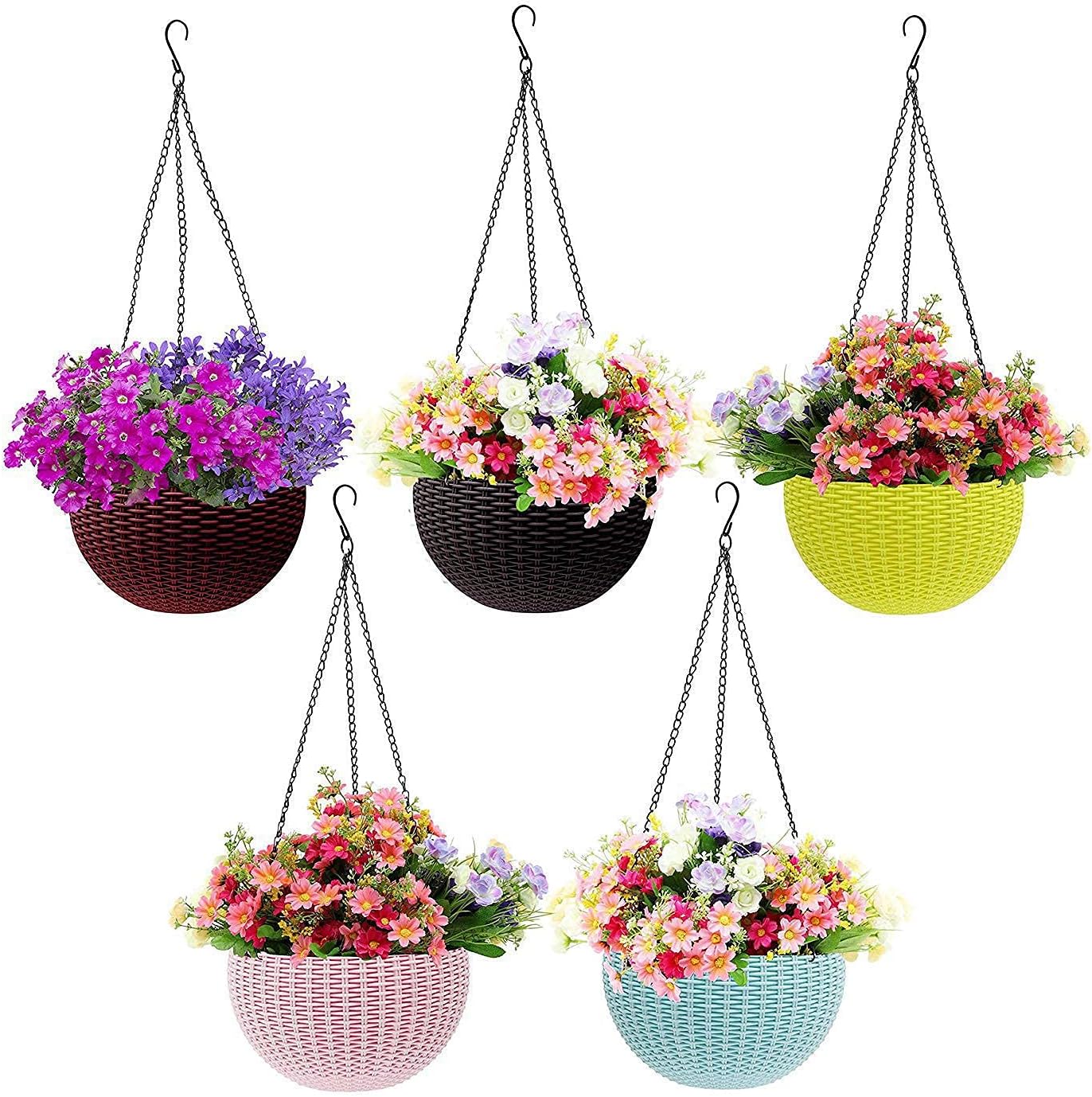 Go Hooked Plastic Hanging Planters with Chain Set of 5 – UV-Stabilized, BPA-Free for Balcony, Garden, Indoor & Outdoor Décor, Rattan-Style Finish, Multicolor Pots, 7.1 Inch Diameter
