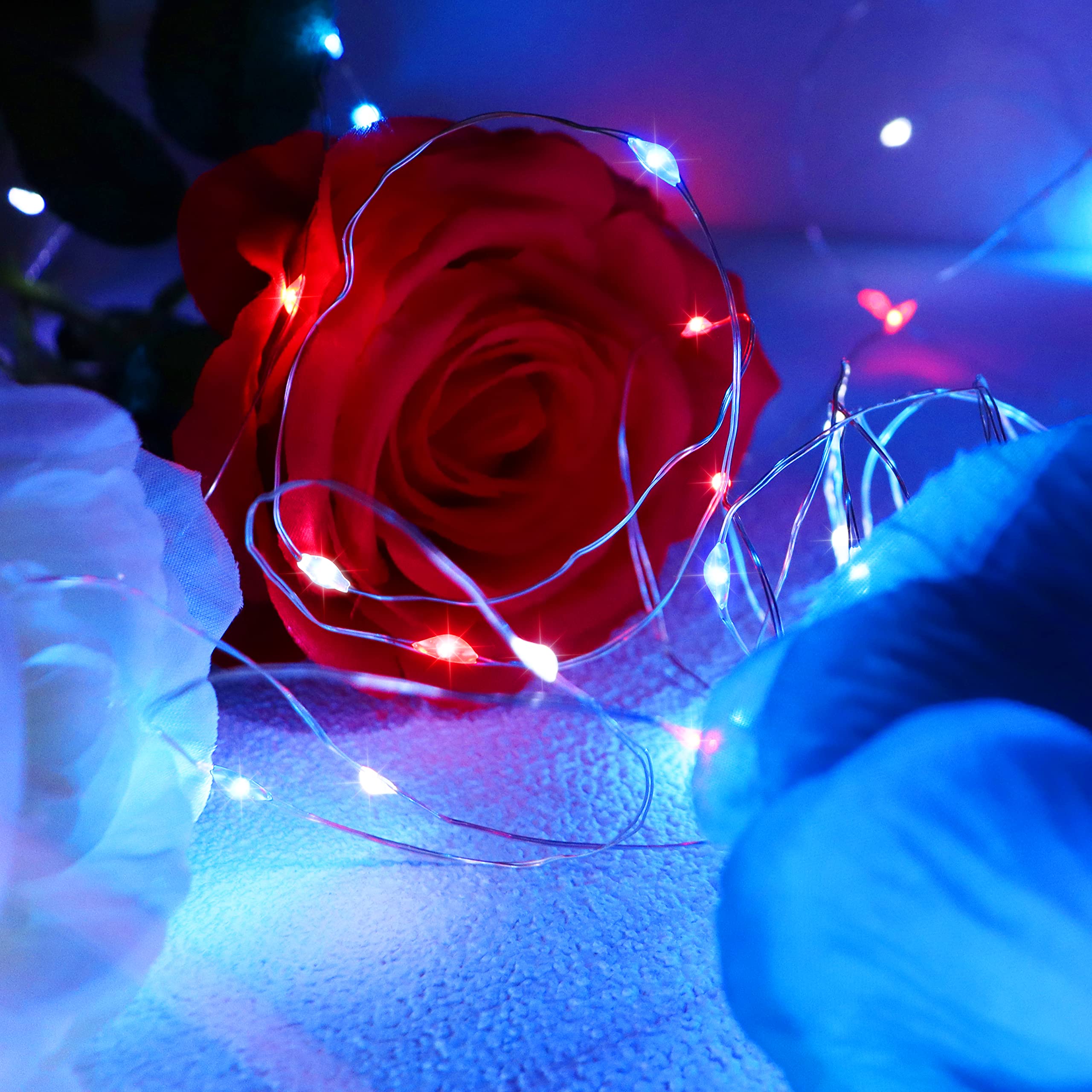 Yayfazy 4th of July Decorations Outdoor/Indoor Timer Fairy String Lights,2PACK Each 100Led Copper Red/White/Blue IP67 Waterproof Battery Operated Patriotic Lights for Memorial Day,Independence Day