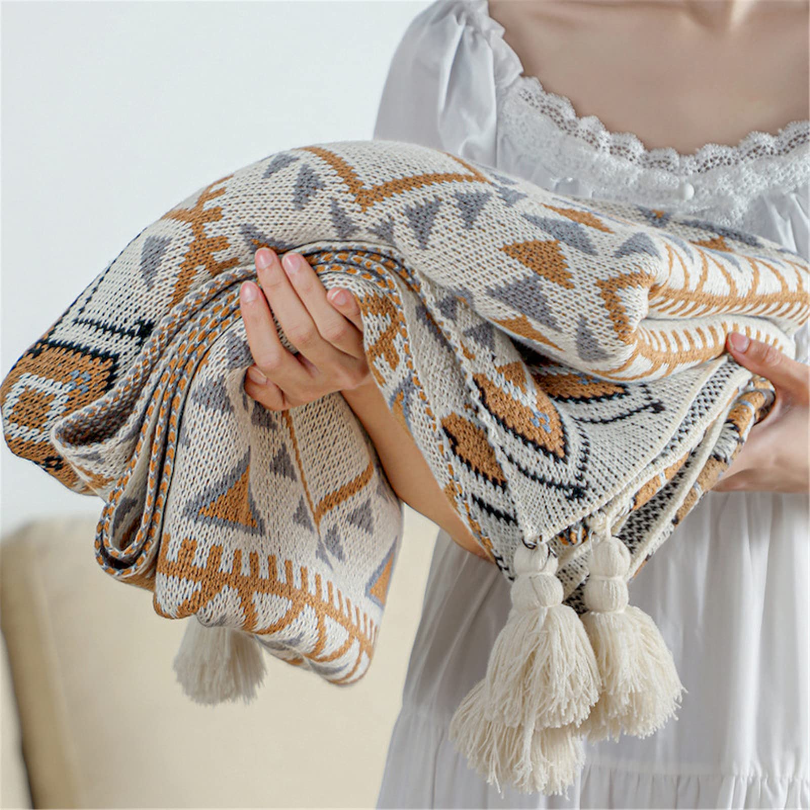 SWECOMZE Boho Wohndecke Weich Strick Quaste Kuscheldecke Sofadecke Schlafdecke Decke (130 x 170 cm)