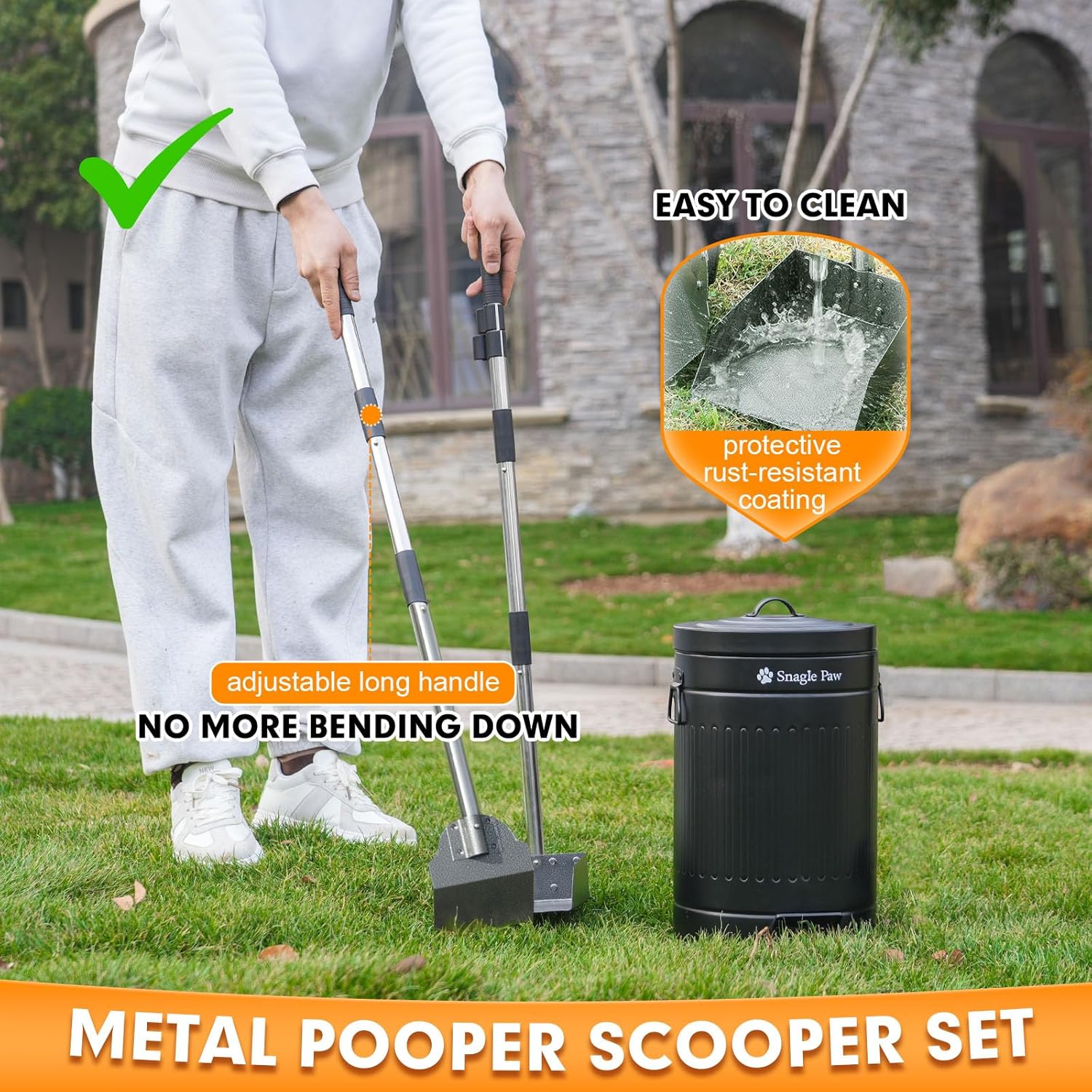 Snagle Paw Metal Dog Pooper Scooper Set,Poop Scooper for Large/Small Dogs with 38.2" Long Handle Tray & Spade,12L Dog Poop Trash Can for Yard with OdorLock Lid & Carbon Filter, Includes 40 Waste Bags