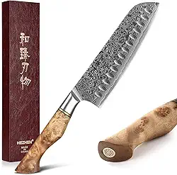 HEZHEN Faca Santoku de 18 cm, faca de chef de aço damasco, faca de cozinha asiática, estilo japonês, cabo de madeira de sicômoro figurado