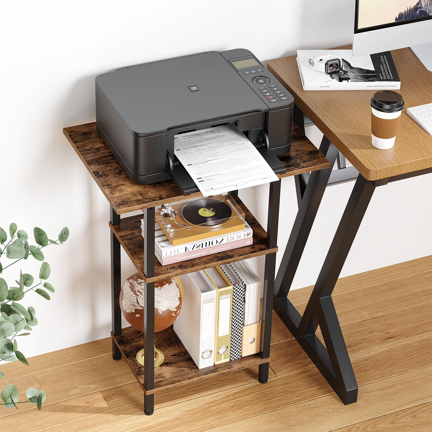 Tall End Table with Charging Station, Skinny Nightstand with USB Ports and Outlets, 3 Tier Narrow Side Table with Storage for Bedroom, Living Room, Office, Rustic Brown and Black