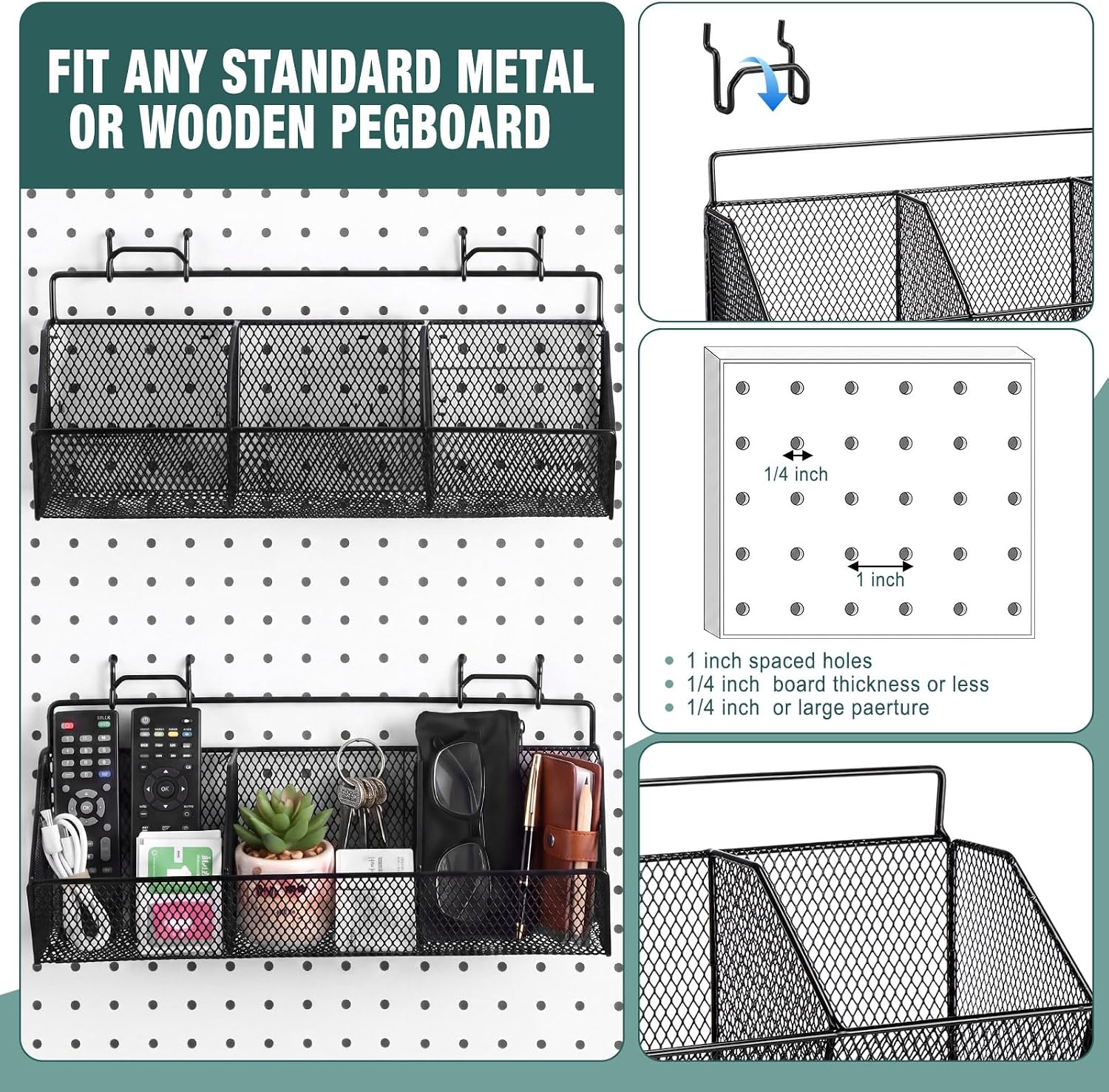 Hicarer 2 Pcs Divided Pegboard Baskets with 4 Hooks, 3 Grid,Black | Black, Wall Mount, Metal Peg Board Organizer Accessories, Pegboard Baskets, Workbench Bathroom Garage Storage, Rust Resistant