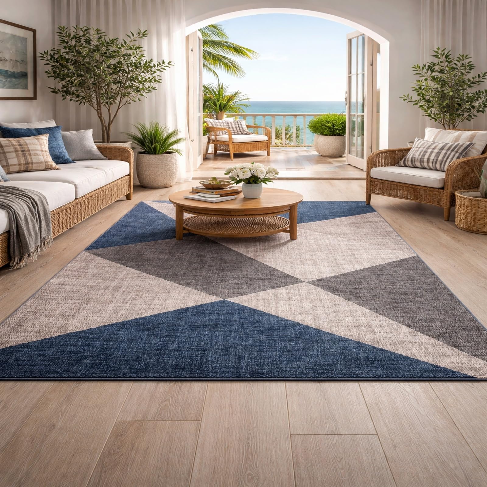 Tapis motif géométrique bleu et gris, tapis déco moderne de 120 x 185 cm