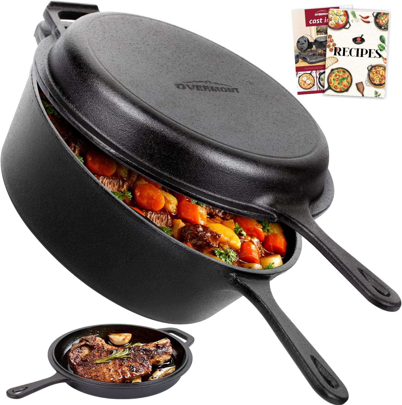 Overmont Cast Iron Skillet with Lid - 2-in-1 Cast Iron Dutch Oven - 3.2QT Deep Pot with Frying Pan - Pre-seasoned Cookware Multi Cooker Skillet - Dutch Oven Pot with Recipe for Grill Induction Stovetop Camping(10.5")