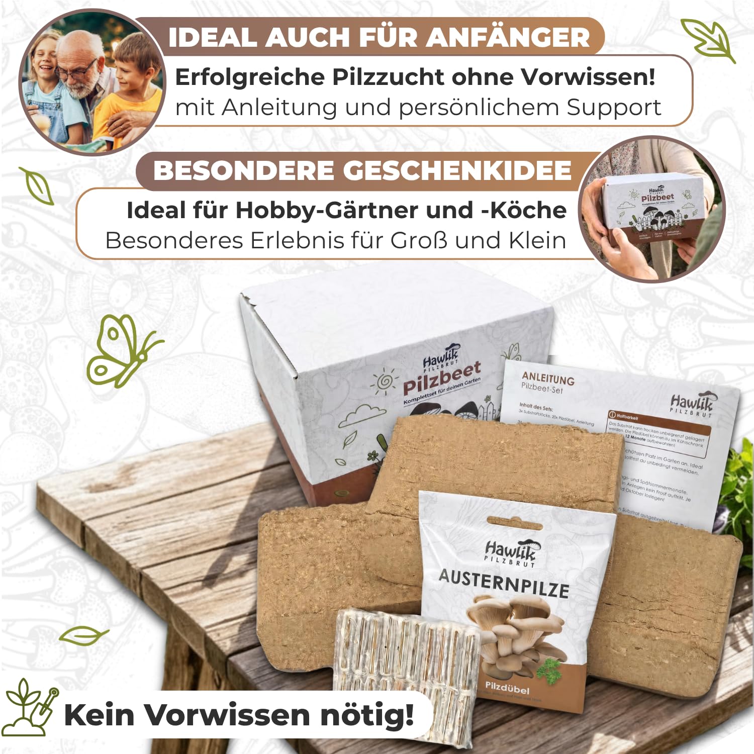 Hawlik Pilzbrut - Pleurote Kit de culture de champignons pour le jardin - Un jeu d'enfant pour créer votre propre champignonnière et récolter des pleurotes fraîches - Kit champignon