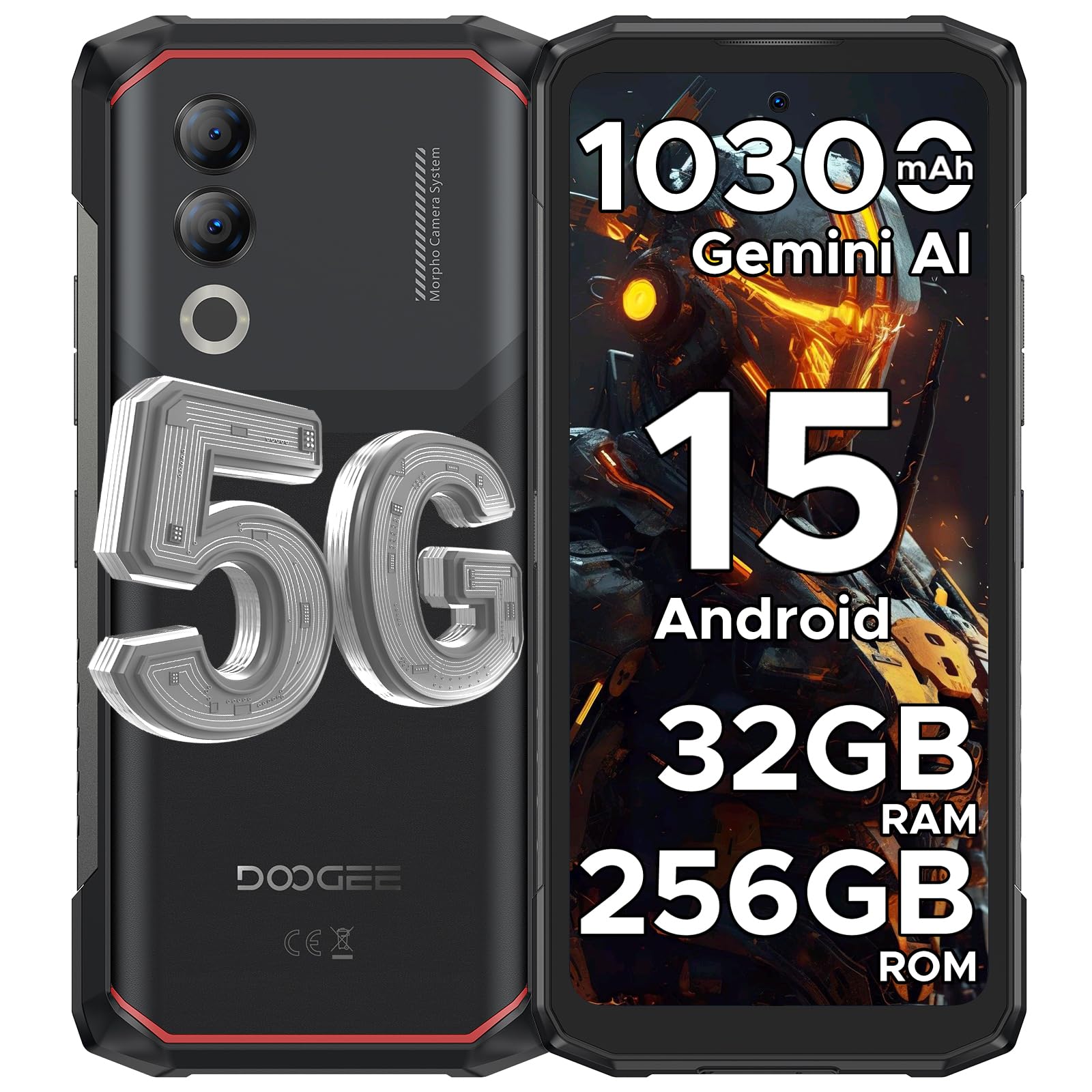 DOOGEE Blade 20 Turbo 5G AI Android 15 Outdoor Mobile Phone Without Contract, 10300mAh/33W, 32GB + 256GB/TF 2TB Outdoor Smartphone, 50MP AI Camera, 6.6 Inch IPS Display, 3 Cards Dual 5G SIM/IP68/NFC
