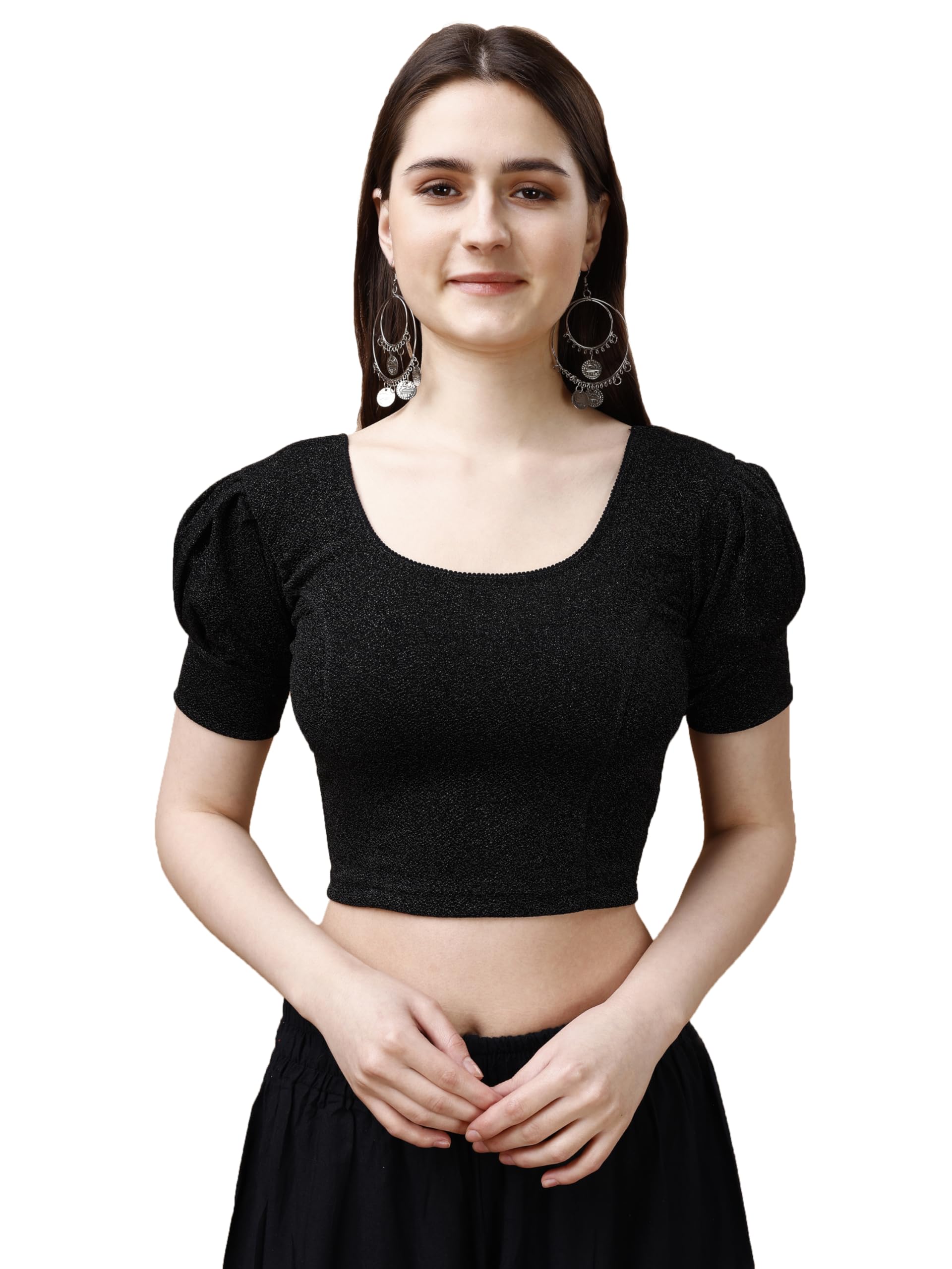 Pujia Mills Women's Readymade Shining Lycra Stretchable Round Neck Half Puff Sleeve Blouses Lycra Stretchable Black Color Blouse For Women Readymade Saree Blouse