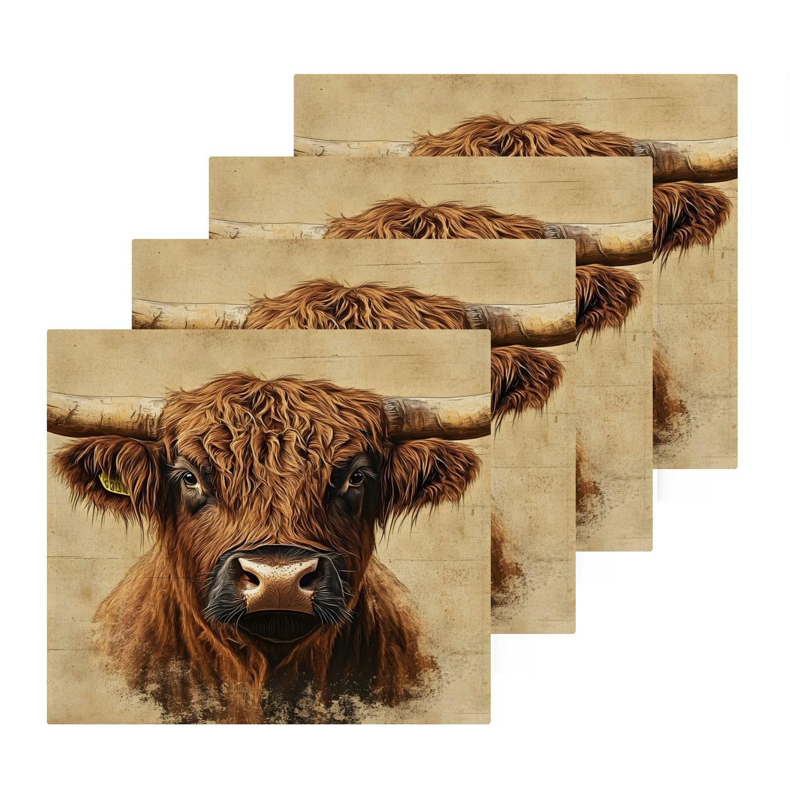 YANENDIE Vintage Highland Cow Washcloths Towels, Highly Absorbent and Soft Cotton Face Cloths, 4 Pack Quick Dry Wash Cloths - 12 X 12 Inches