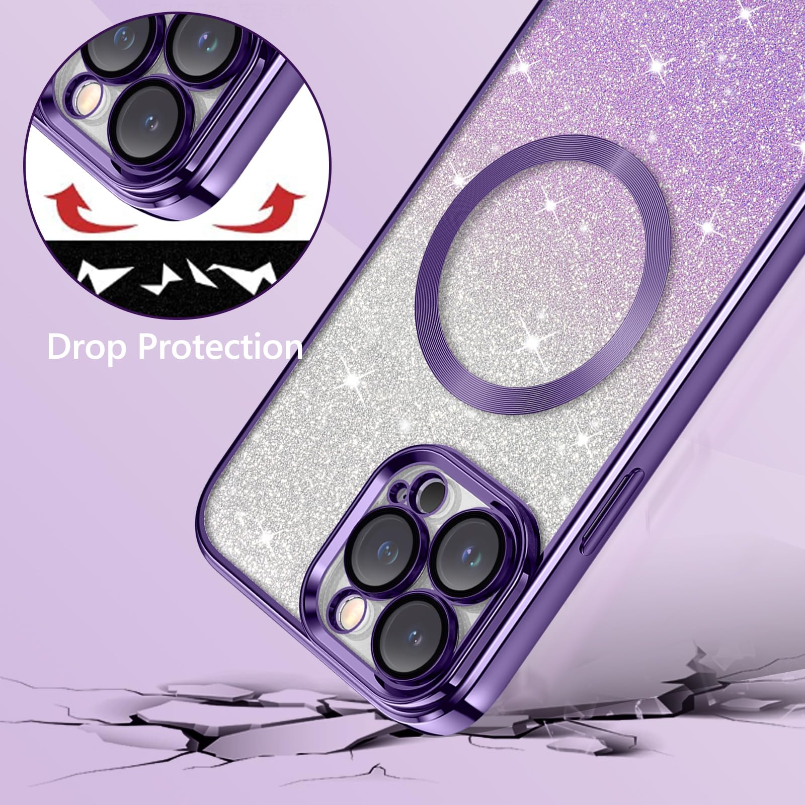 DUEDUE IPhone 15 Hülle Glitzer Mit MagSafe – Stoßfest, Mit Band, Transparent Rosa, 6,1 Zoll