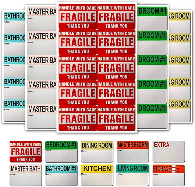 500 Moving Home Box Labels (50 Stickers Each) for Removals from Houses, Flats and Apartments, Moving Labels for Boxes - Fragile, Bedrooms, Bathrooms, Kitchen, and Extra