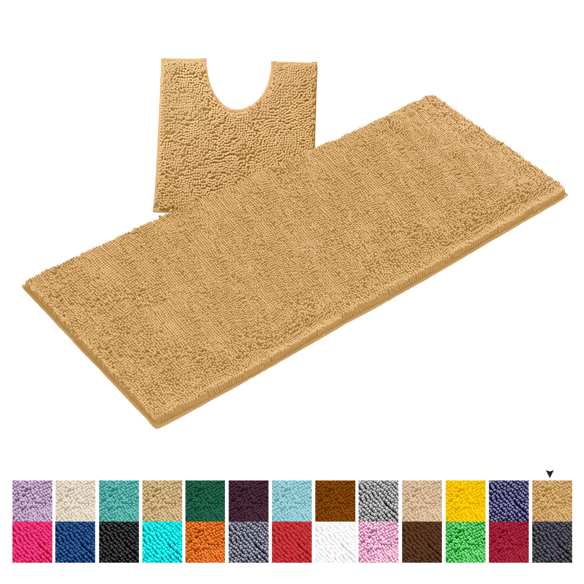 LuxUrux Bathroom Rugs, Luxury Chenille 2-Piece Bath Mat Set, Soft Plush Bath Rug + U Shaped Toilet Mat.1'' Microfiber Shaggy Carpet, Super Absorbent Bath Mats. (X-Large, Marzipan)