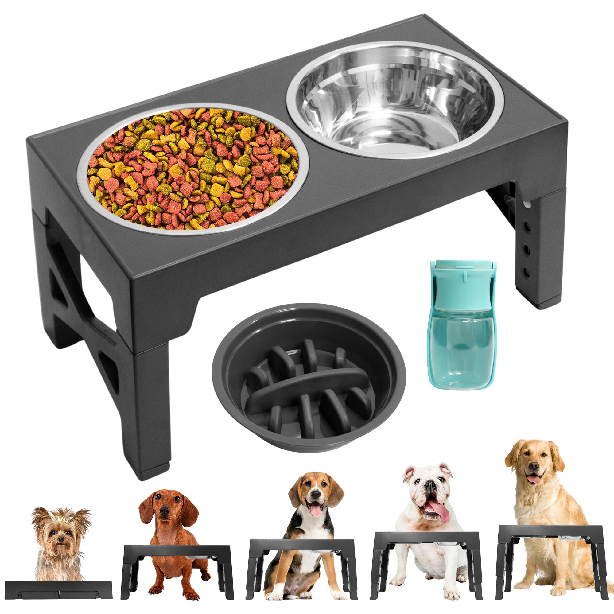 VURULLO Comedero Perro Elevado Ajustable 5 Alturas - Comedero Perro + Botella Bebedero Portátil - Comedero Perro Antivoracidad de 800ml y 2 Comederos para Perros Acero 1100ml - comedero Elevado Perro