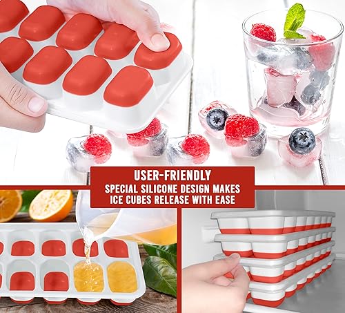 Miniatura 7 de CKE - Bandeja para cubitos de hielo con tapa y contenedor (paquete de 4, rojo) bandejas de hielo de plástico de silicona para congelador, bandejas