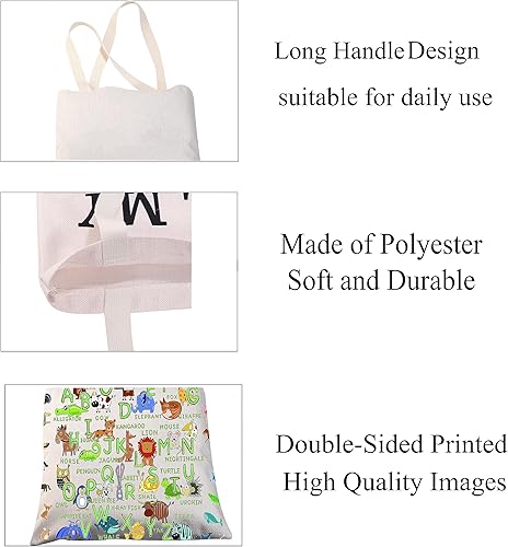 Miniatura 7 de CMNIM Bolsa de lona de animales con estampado de alfabeto de animales, regalos para amantes de los animales, bolsa de asas de animales lindos,