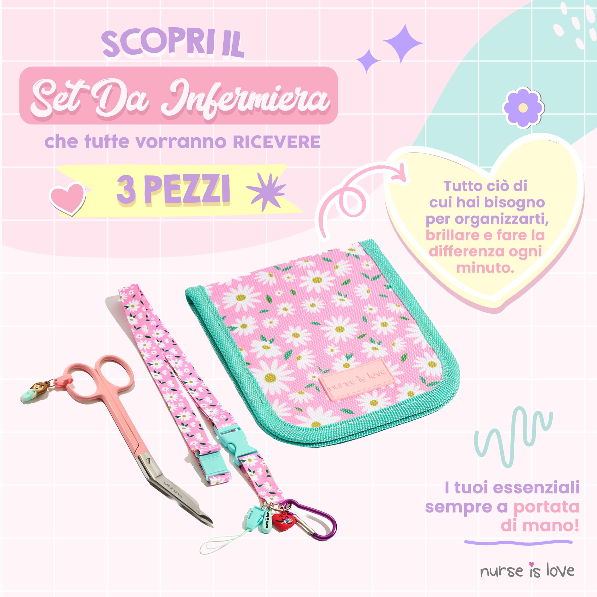 Nurse is Love Set Infermiera e TCAE (3 pezzi). | Organizer Infermiere + Porta Badge da Collo + Forbici Infermiere Curva | Regali Personalizzati - Kit Accessori - DAISIES