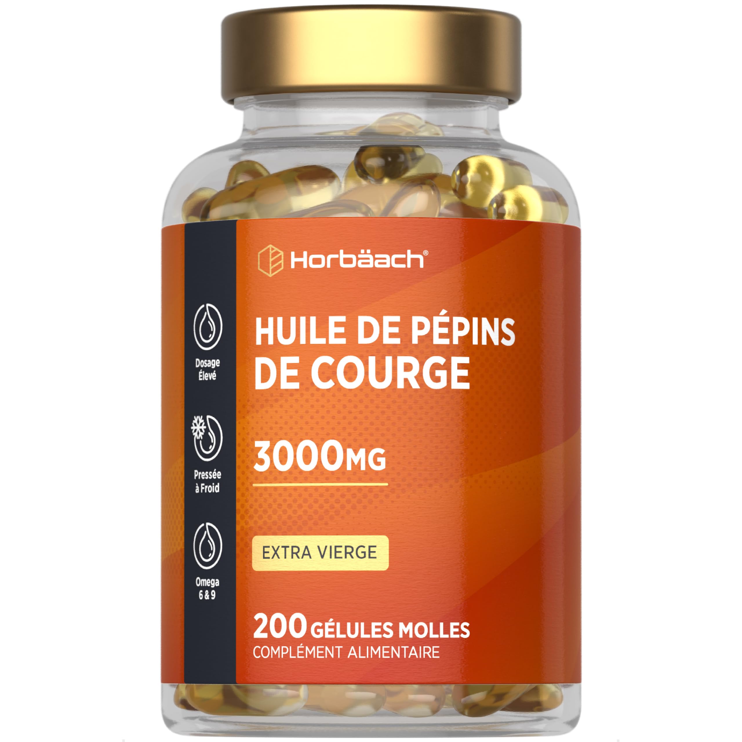 Huile de Pépin de Courge 3000mg | Pumpkin Seed Oil | 200 gélules | Huile de Graines de Citrouille | Pressé à froid et extra vierge | Horbaach