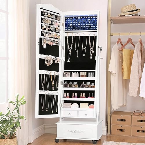 Miniatura 3 de SONGMICS UJJC061W01 - Armario de joyería con ruedas, espejo y cierre independiente con luces LED, cajón grande, color blanco