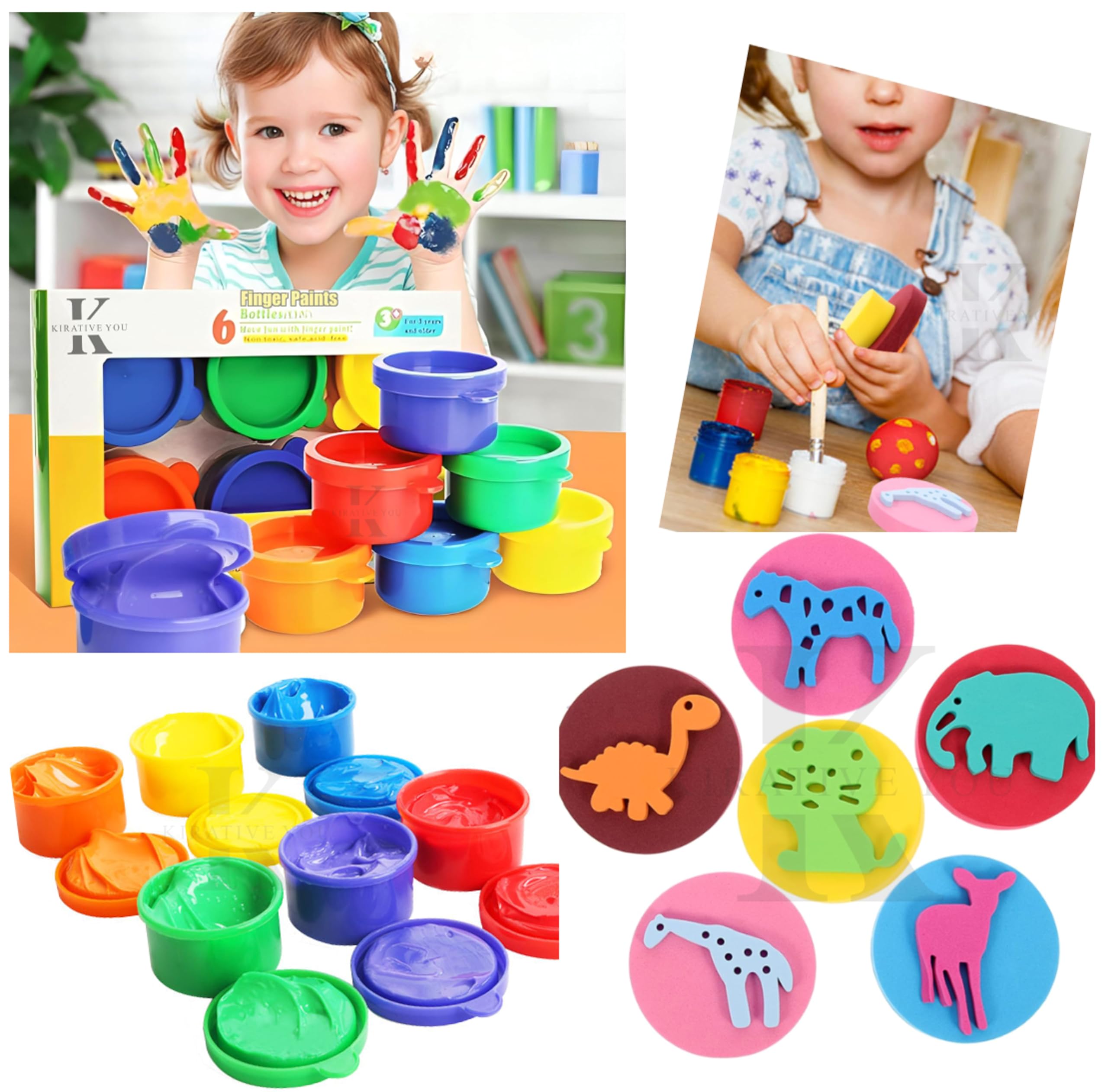 KIRATIVEYOU Non-Toxic Finger Paints for Kids 6 Pcs | Natural and Child Safe | Washable | With 6 Stamp Animal Painting Sponge Brushes | Hand Paint for Art and Craft Work (B0CYC49XHQ) Amazon Price History, Amazon Price Tracker
