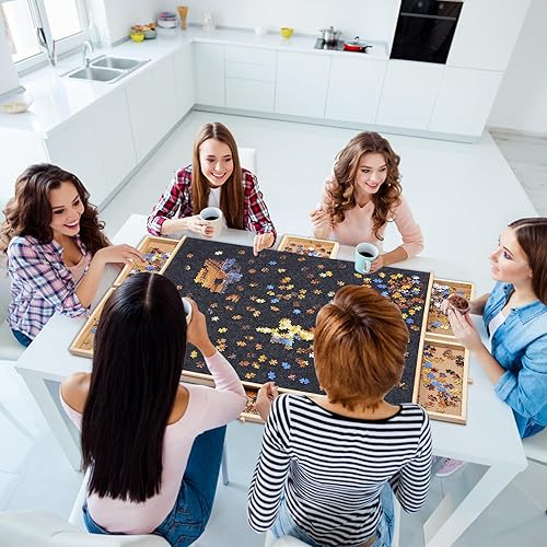 Miniatura 7 de Tablero de rompecabezas de madera de 1500 piezas, 6 cajones, mesa giratoria de rompecabezas de 35 x 27 pulgadas, superficie de fieltro y alfombrilla