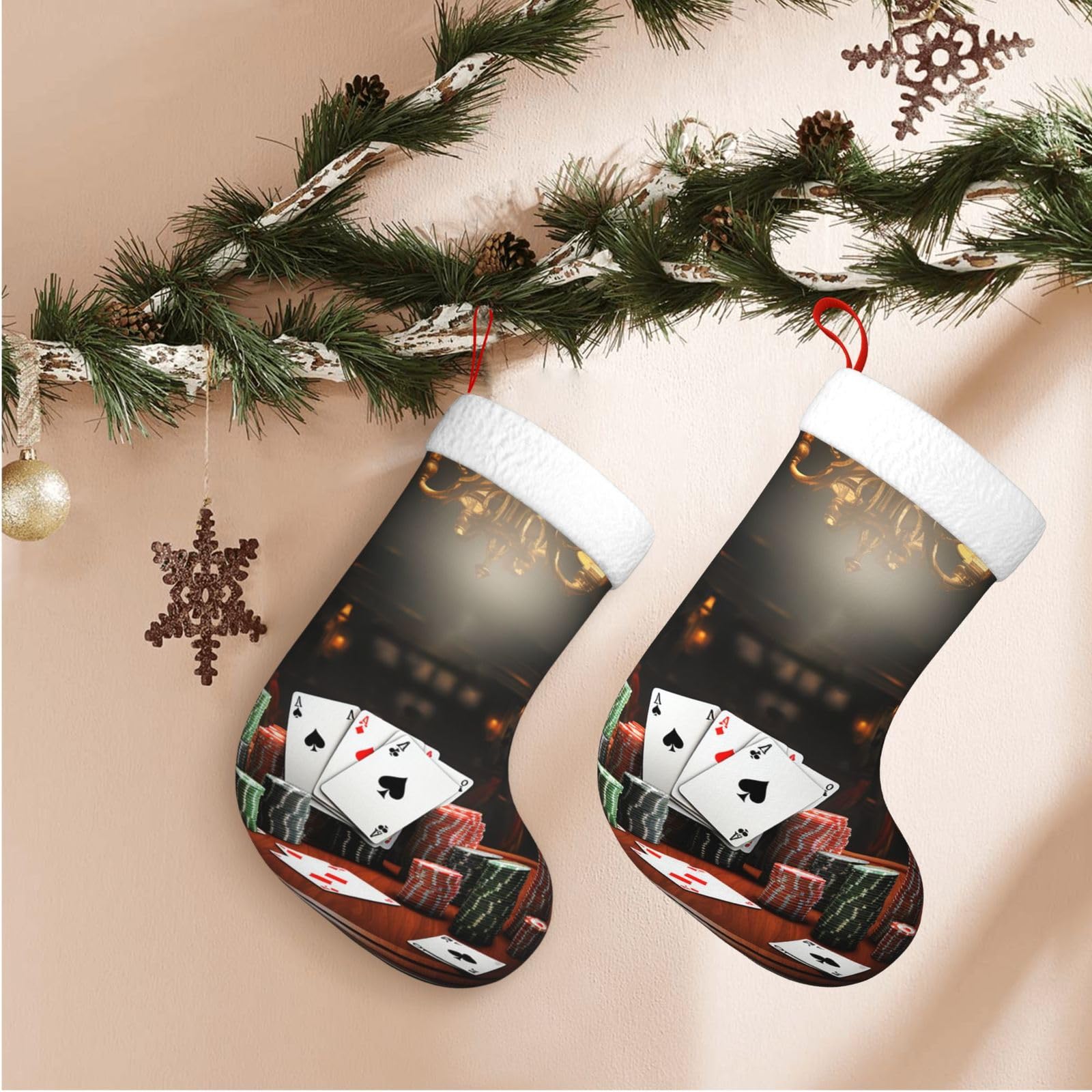Fodpand Boys Black Poker Tournament Christmas Stockings Hanging Ornaments For Holiday Decor, 18 Inches Velvet Xmas Stocking With White Plush Cuff, Candy Gift Bags For Christmas Decorations
