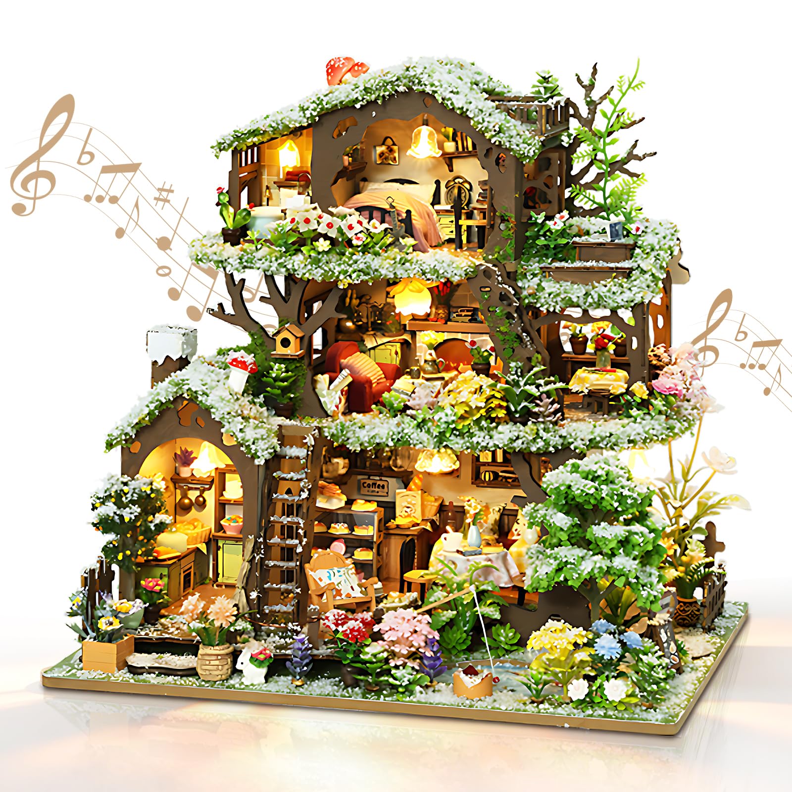 Cuteefun DIY Miniature House Kit, Treehouse Dollhouse with Music Box & LED