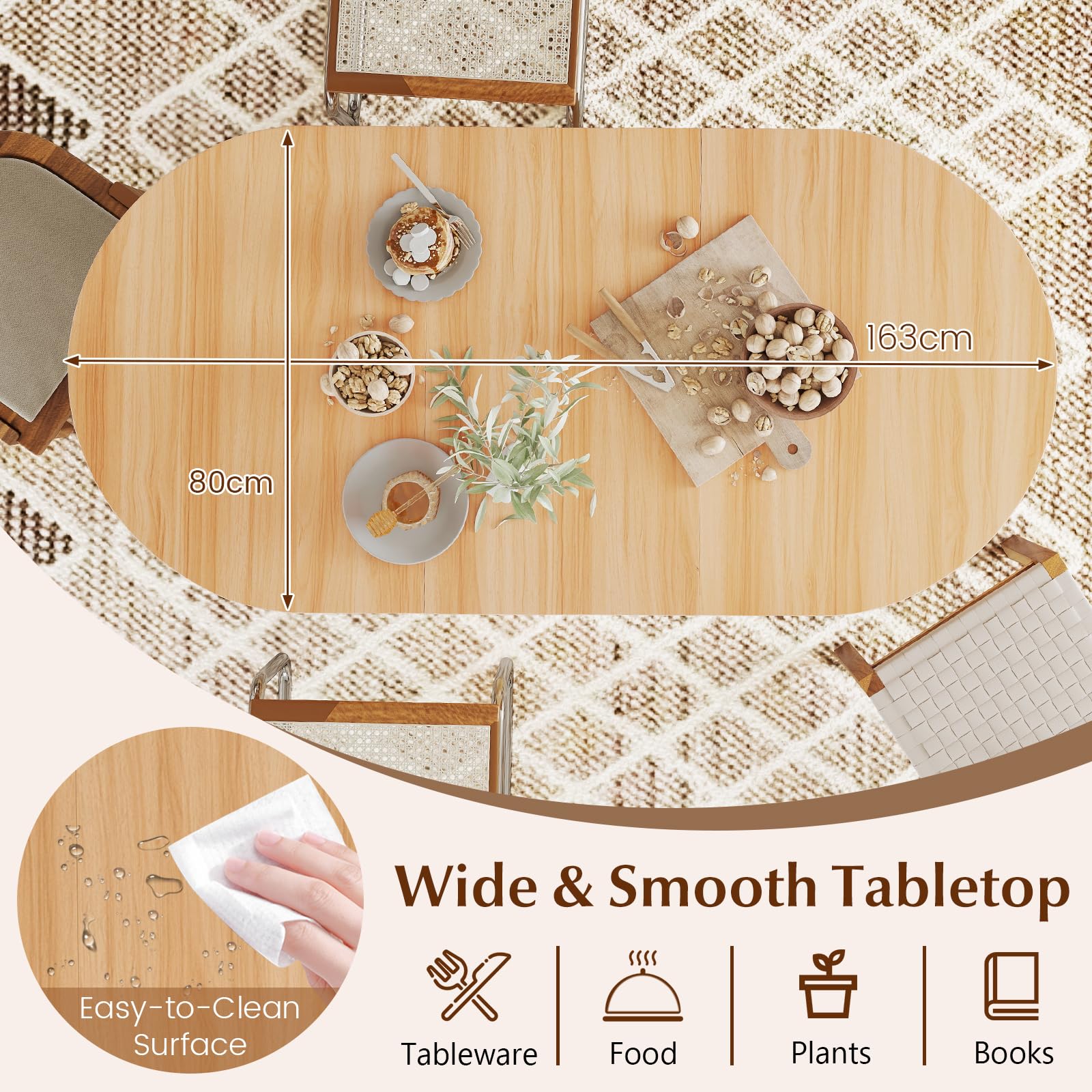 GIANTEX Table Pliante de Cuisine Salle à Manger, Table à Manger en Bois pour 4 à 7 Personnes, pour Salon, Jardin, Balcon, Bureau, Naturel