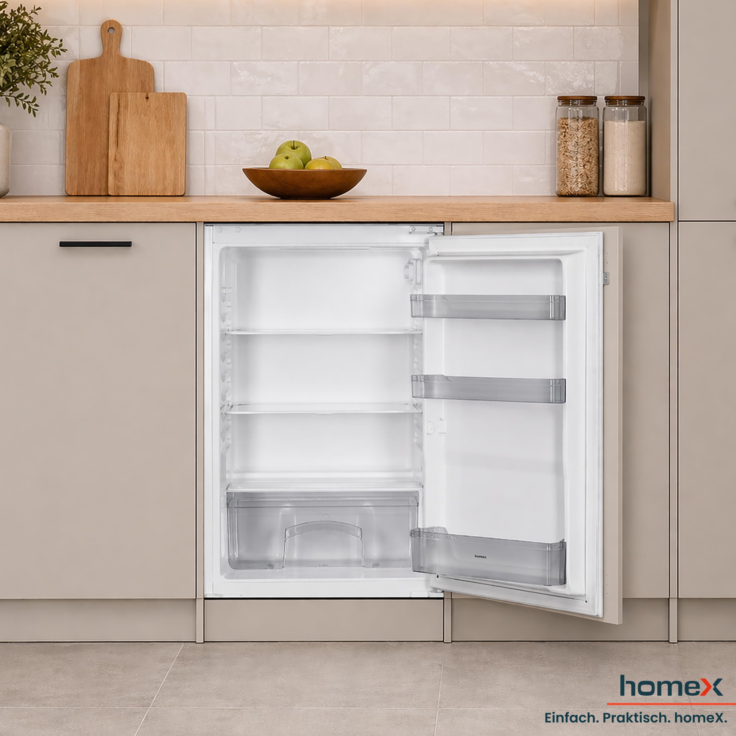 homeX Einbaukühlschrank 88cm Nische 129 Liter Schlepptürtechnik LED-Beleuchtung leise 37 dB CB1291E