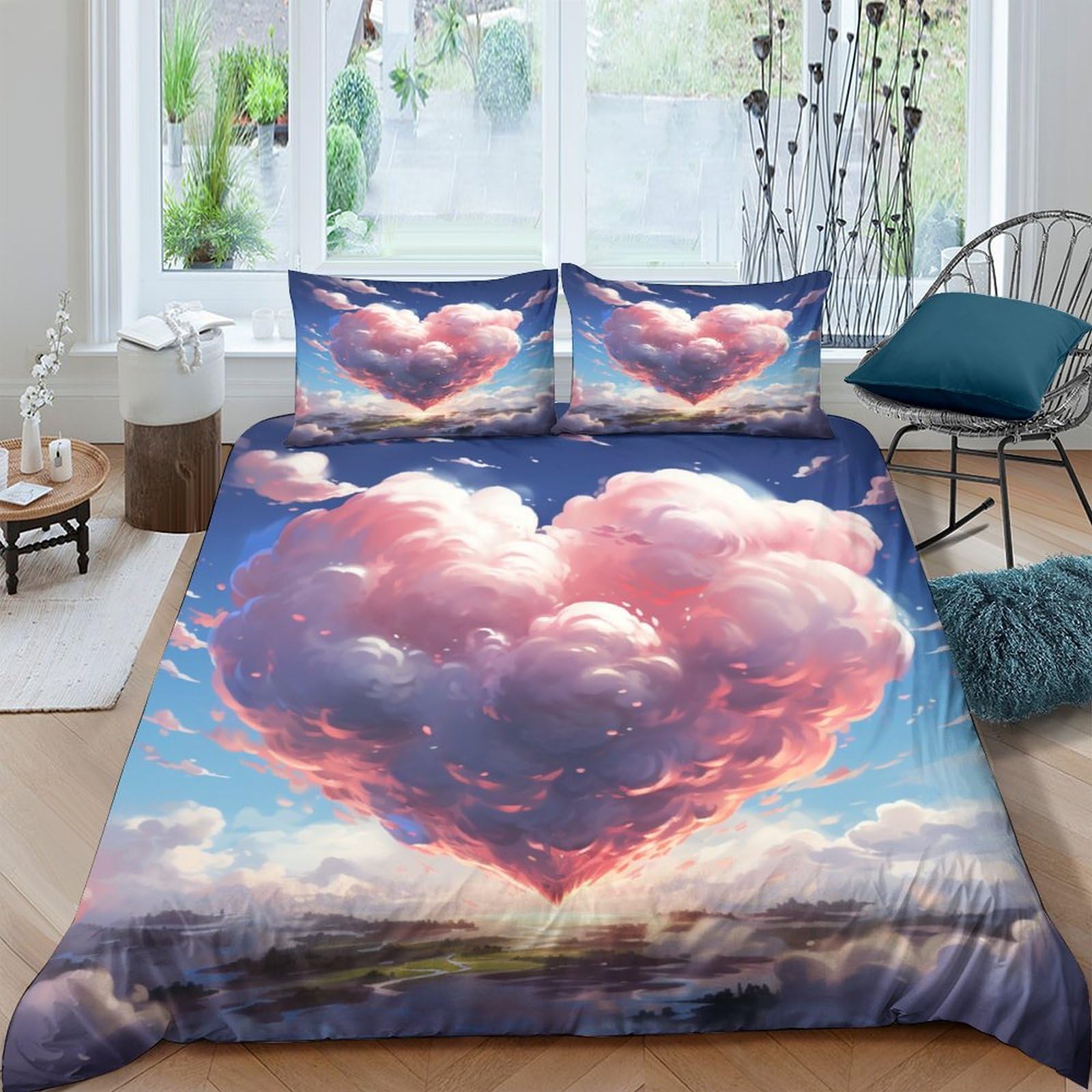 Heart Shaped Clouds for Teens And Adults Duvet Cover Comforter Covers 3D Print Colourful Painting Quilt Cover Soft Microfiber with Zipper Closure with Pillow Cases Bedding Set 3 Pieces King（220x240cm）