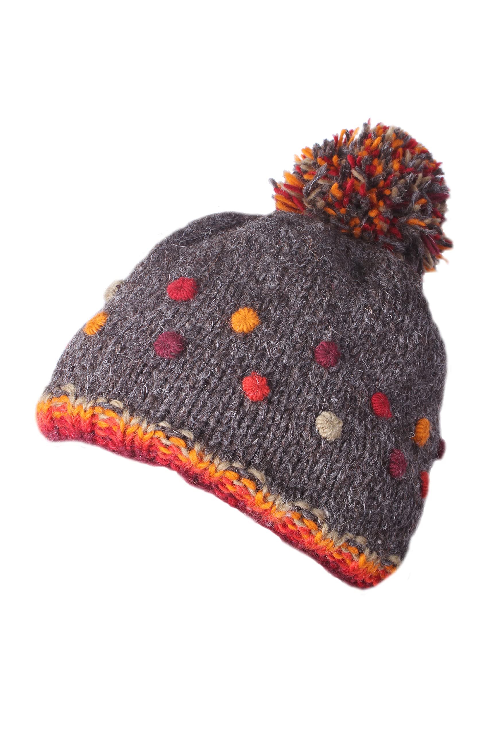 Pachamama Women Wool Beanie Bobble Hat Fleece Lined Handknitted Textured Dots Multicoloured One-Size Handmade Extra Warm Fair Trade (Bark)