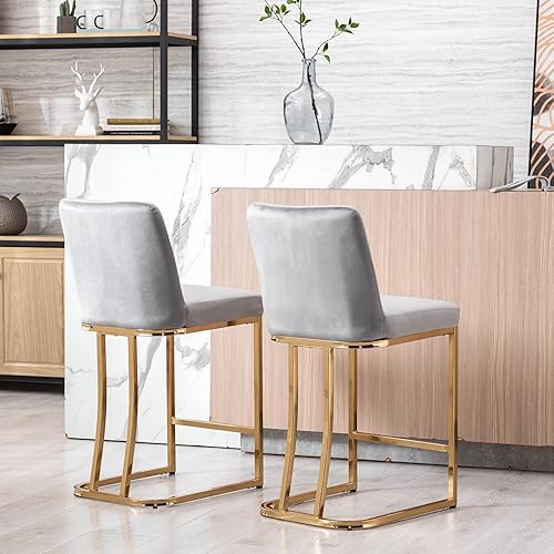 Miniatura 4 de Taburetes de bar modernos de mediados de siglo con base de metal dorado y reposapiés sillas tapizadas de terciopelo de 24 pulgadas para isla de