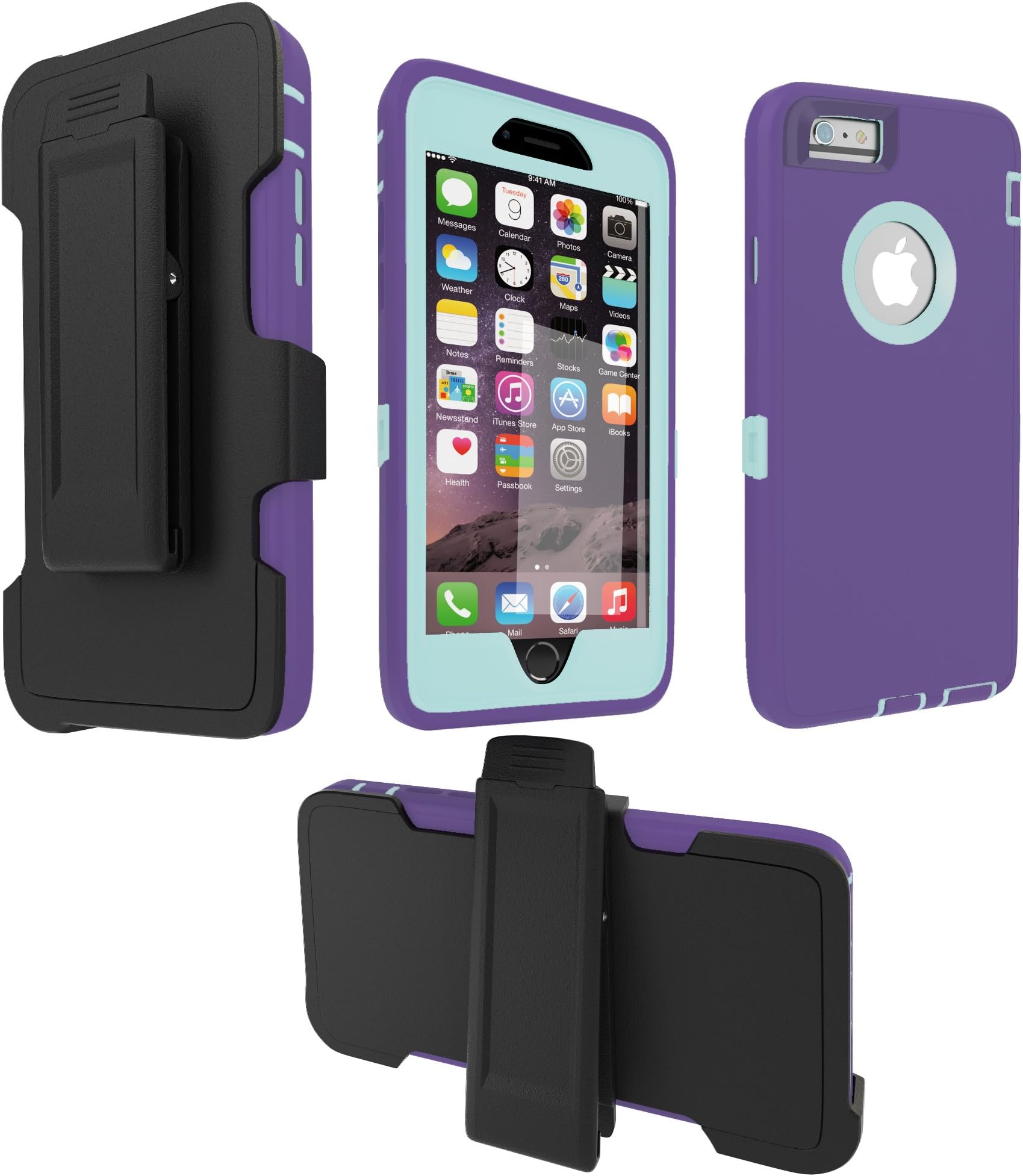 Heavy Duty Case For Apple iPhone 6 Plus (5.5 Inch)- Shockproof Protective Hybrid - Rugged Cover with Screen Protector and Belt Clip Holster - Bright, Fun Cases (Purple-Teal)