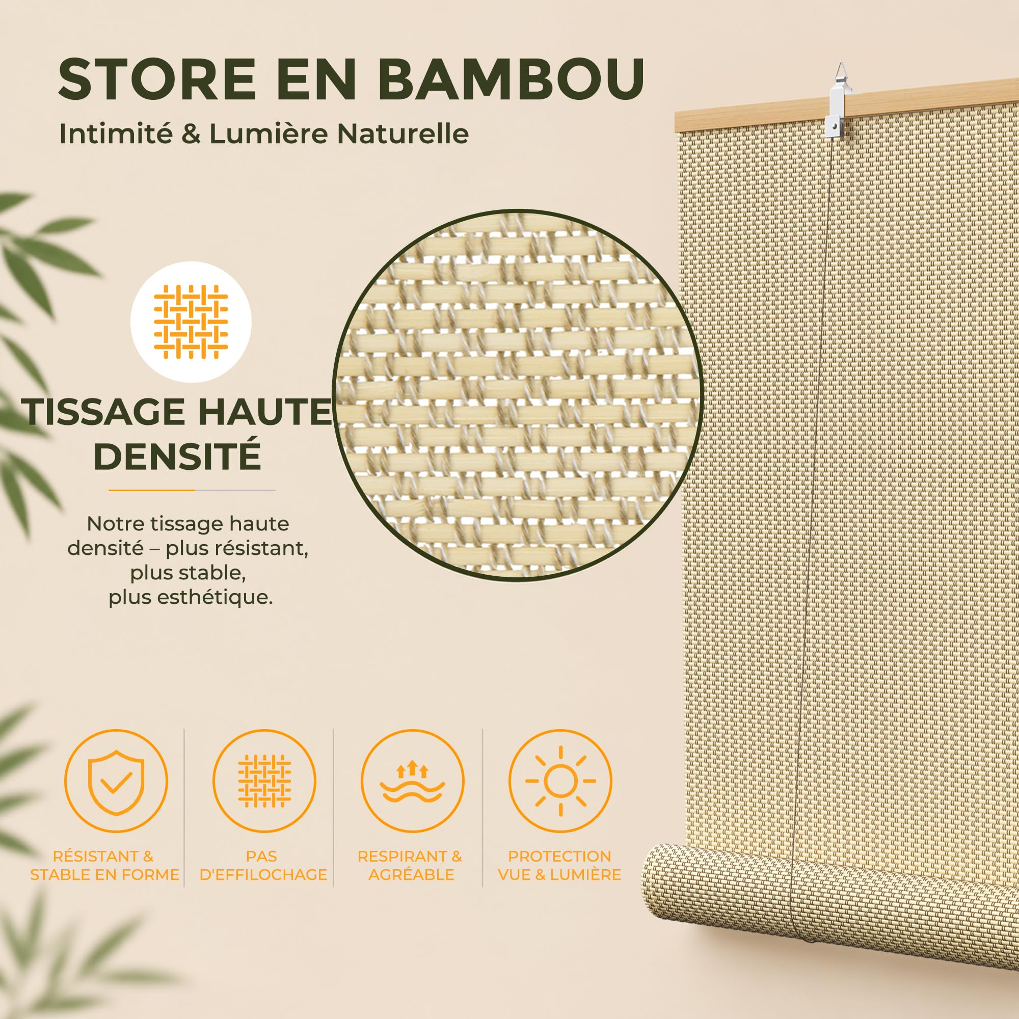 HOMEDEMO Store Enrouleur Bambou, Occultant pour Fenêtre, Protection Intimité, Intérieur Extérieur, Facile à Installer, Store pour Salon, Beige, 150l x 220L cm