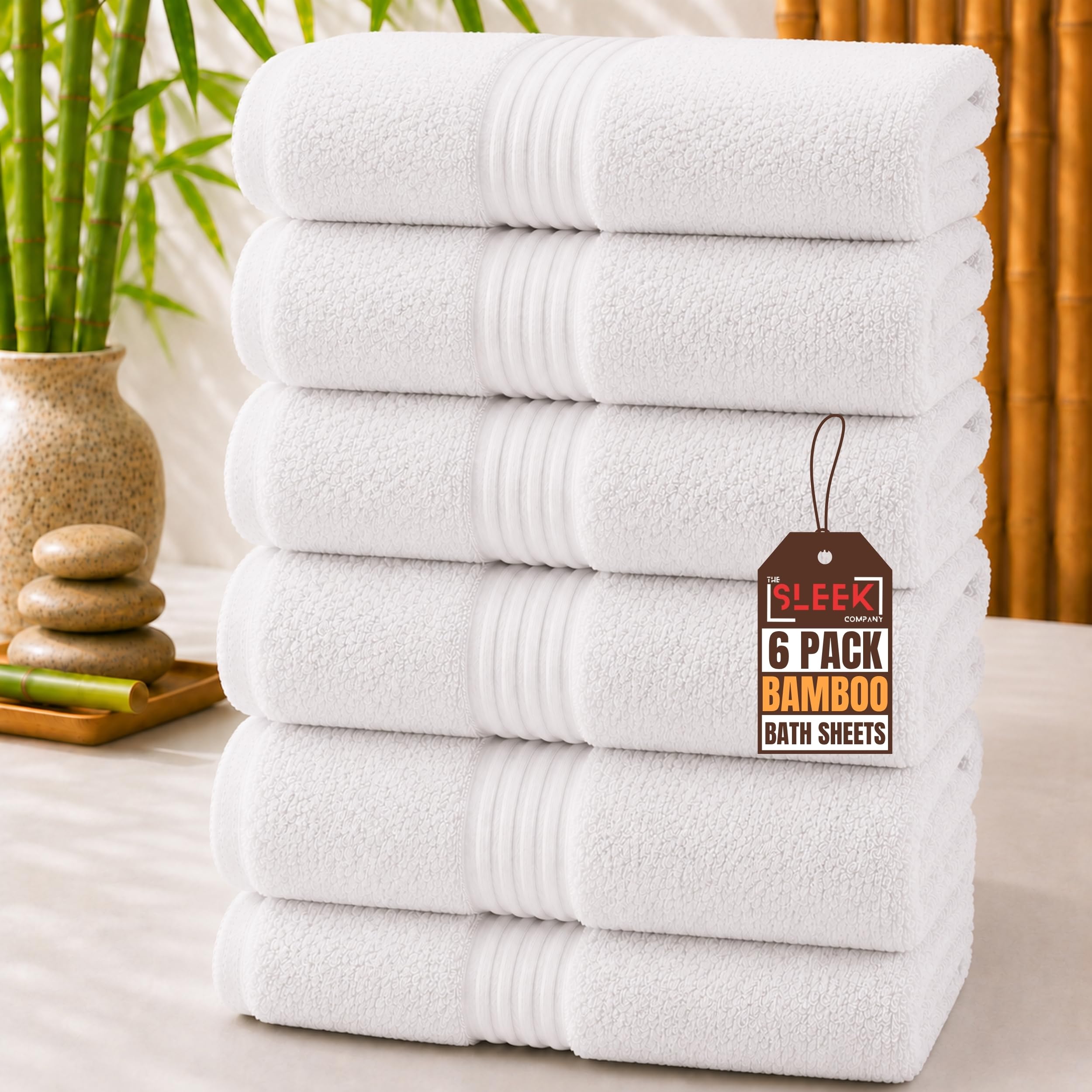 Luxury 700 GSM Bamboo Bath Sheets (97 x 150 cm) – Pack of 6 – Jumbo Size Soft towels bath sheets – Hypoallergenic & Antibacterial Bathroom Towels – Ideal Shower Towel For Baths, Spa & Hotels (White)