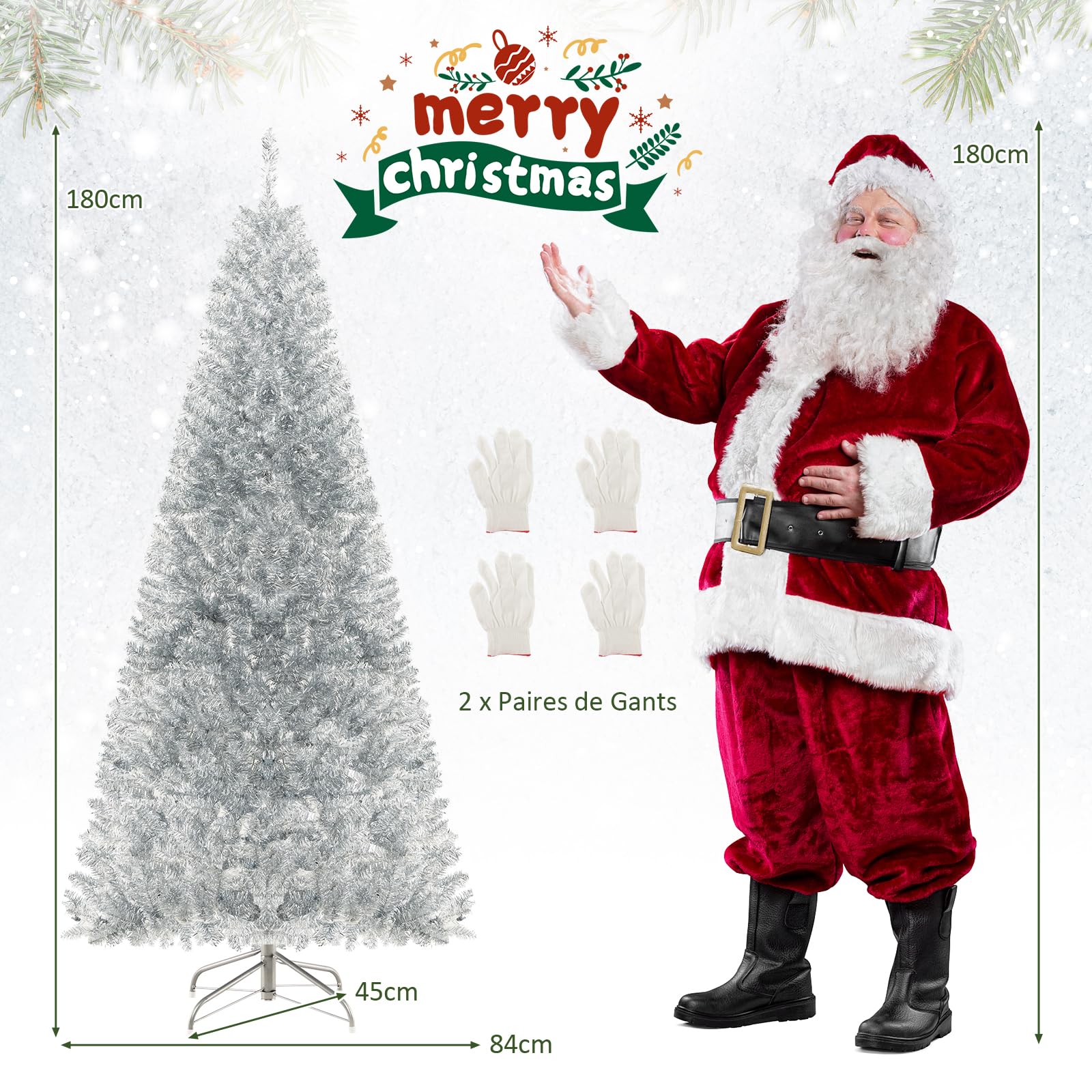GYMAX Sapin de Noël Artificiel Lumineux 180 CM, avec 790 Branches & 300 Lumières LED Blanc Chaud & Support Pliable en Métal Pliable & Charnière, pour Bureau/Maison/Intérieur/Extérieur
