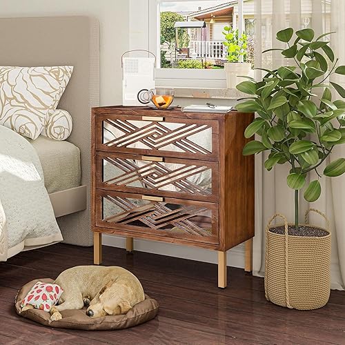 Miniatura 9 de COZAYH Cómoda decorativa de 3 cajones, organizador de cajones delanteros con espejo geométrico con asas y patas de metal, muebles modernos para sala