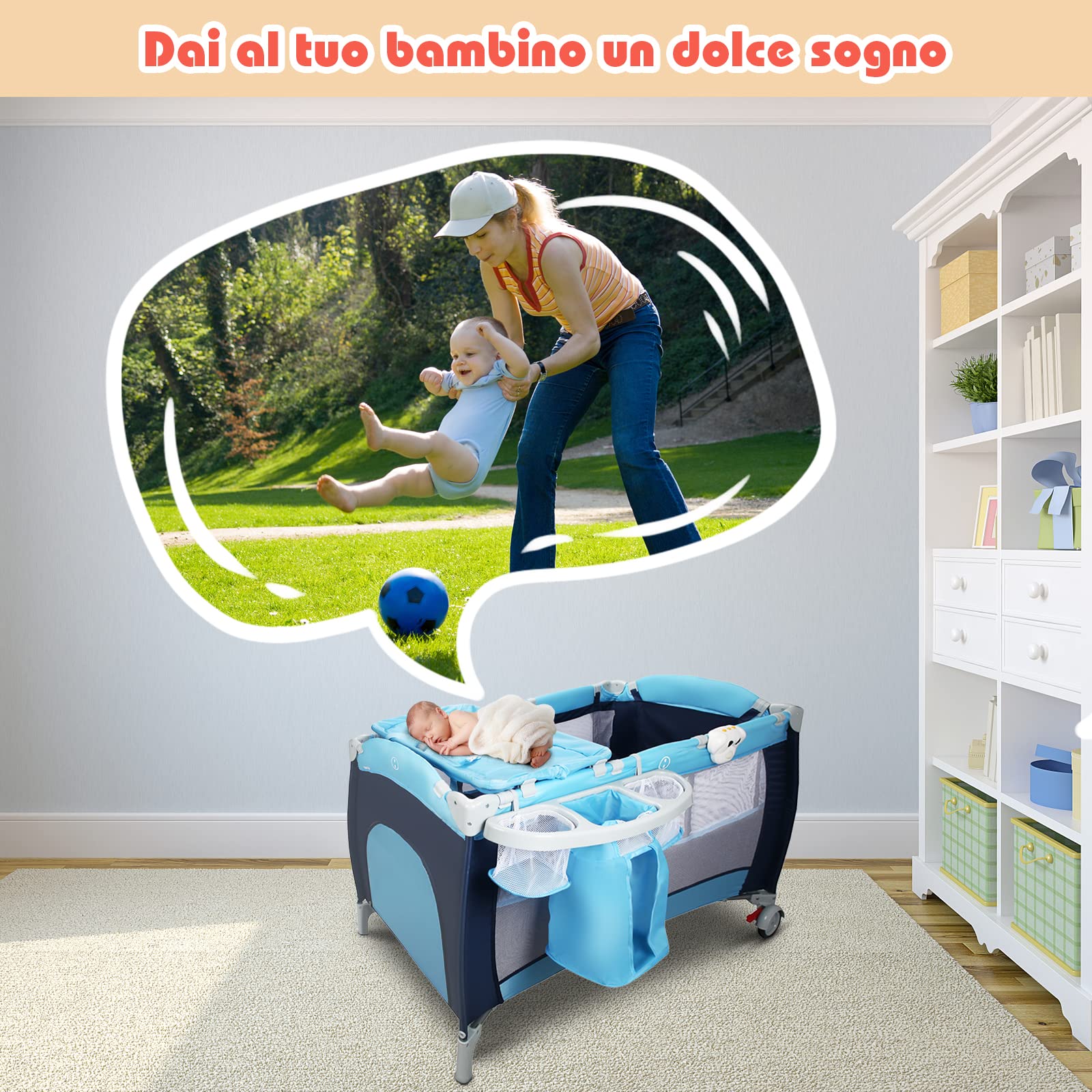 RELAX4LIFE Cuna de Viaje Bebé Plegable con Caja Musical, Mosquitera, Azul