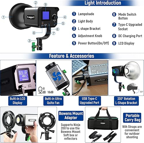 Vista 19 de Weeylite Ninja 400 II - Luz LED de video continua, 150 W, 2800-6800 K, montaje Bowens bicolor, iluminación continua, control de aplicación, luces