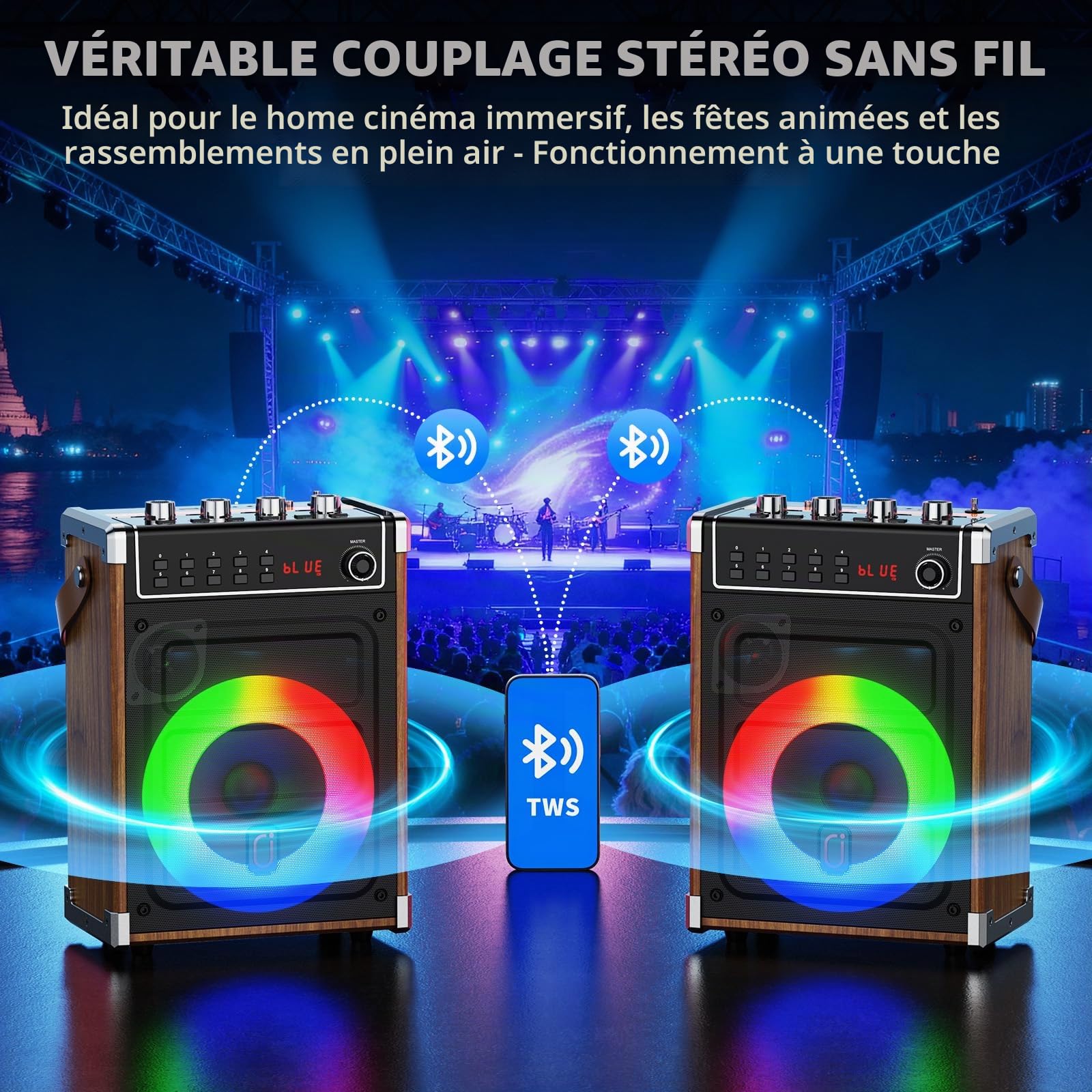 JYX Machine de Karaoké, Enceintes de Karaoké Professionnelles avec 2 Microphones sans Fil et Lumières de Fête DJ, Supporte Le Système de Karaoké Portable TWS/AUX/FM/USB/TF Card