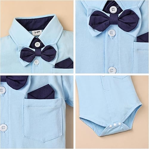 Miniatura 4 de DOMOABEI Ropa para bebé niño, trajes de caballero, camisa de bebé con corbatín y pantalones cortos con tirantes, conjunto de traje para bebé de 0 a