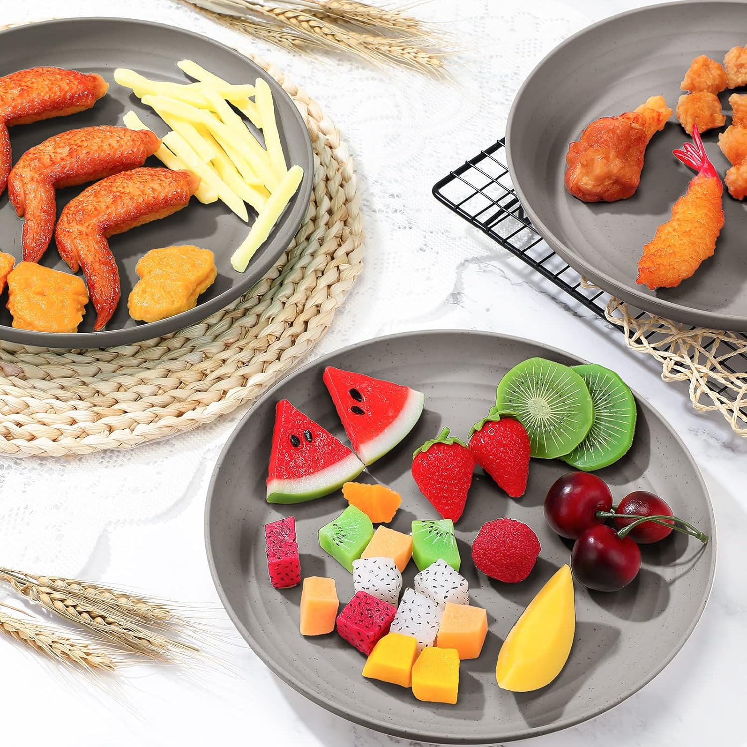 Zopeal 15 Pcs Unbreakable 10 Inch Wheat Straw Plates Set for Fruit Kitchen Salad Dessert Cakes Dish Reusable Plastic Lightweight Deep Dinner Plates, Microwave and Dishwasher Safe(Gray)