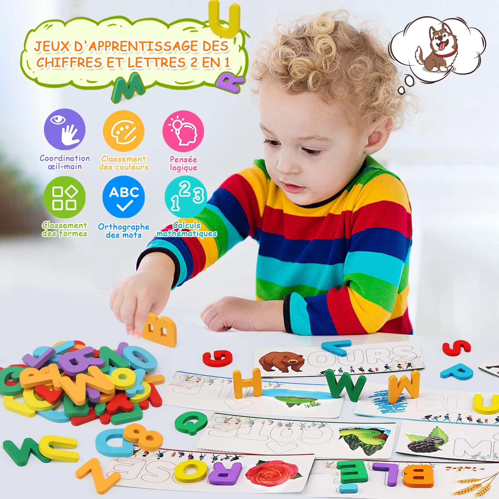 Felly Jouet Enfant 2-5 Ans, Jeux Educatif d'Orthographe Française, 2 en 1 Montessori Apprenez à Lire Lettres et Arithmétique