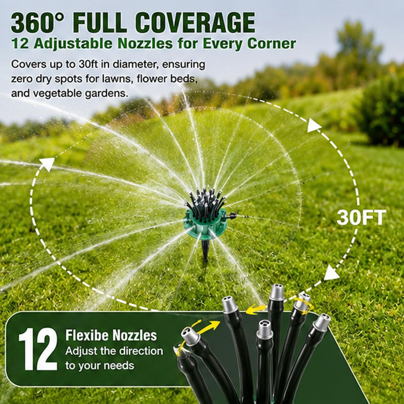Sistema di irrigazione da giardino a 360°, irrigatori rotanti automatici con 12 ugelli regolabili, 2 pezzi per prato, cortile, aiuole, soluzione di irrigazione efficiente
