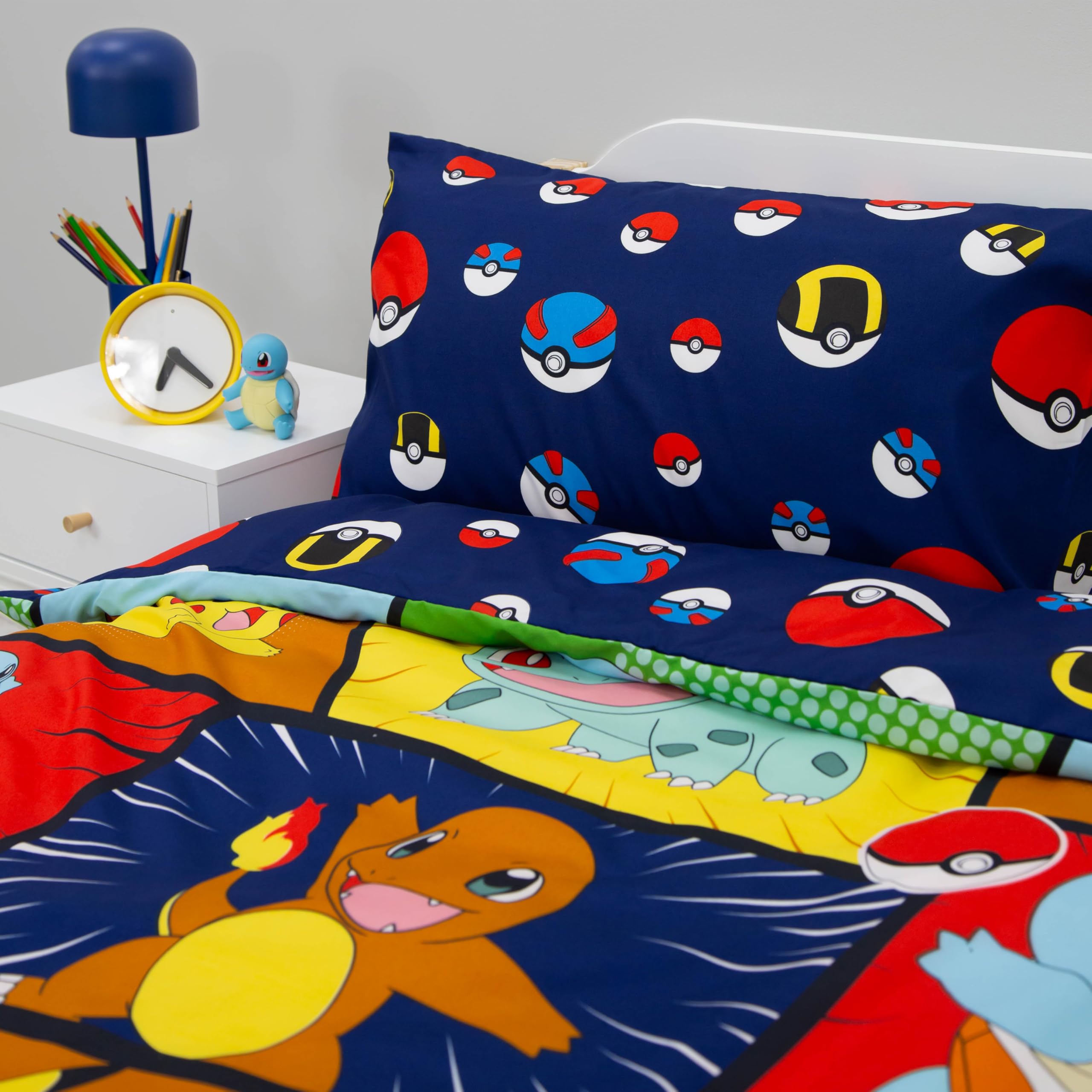 Set copripiumino singolo per bambini, con licenza ufficiale, motivo Pikachu, Bulbasaur, Charmander, Squirtle, reversibile, 2 lati, con federa coordinata, set per letto singolo per bambini