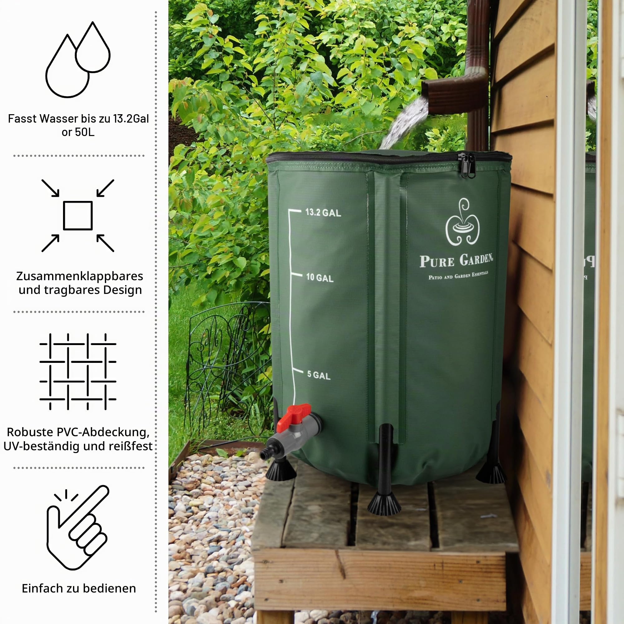 Pure Garden Regentonne - 50 Liter Faltbarer Wasserbehälter zum Auffangen von Regenwasser - Tragbarer Wassertank mit Auslaufventil (Grün)
