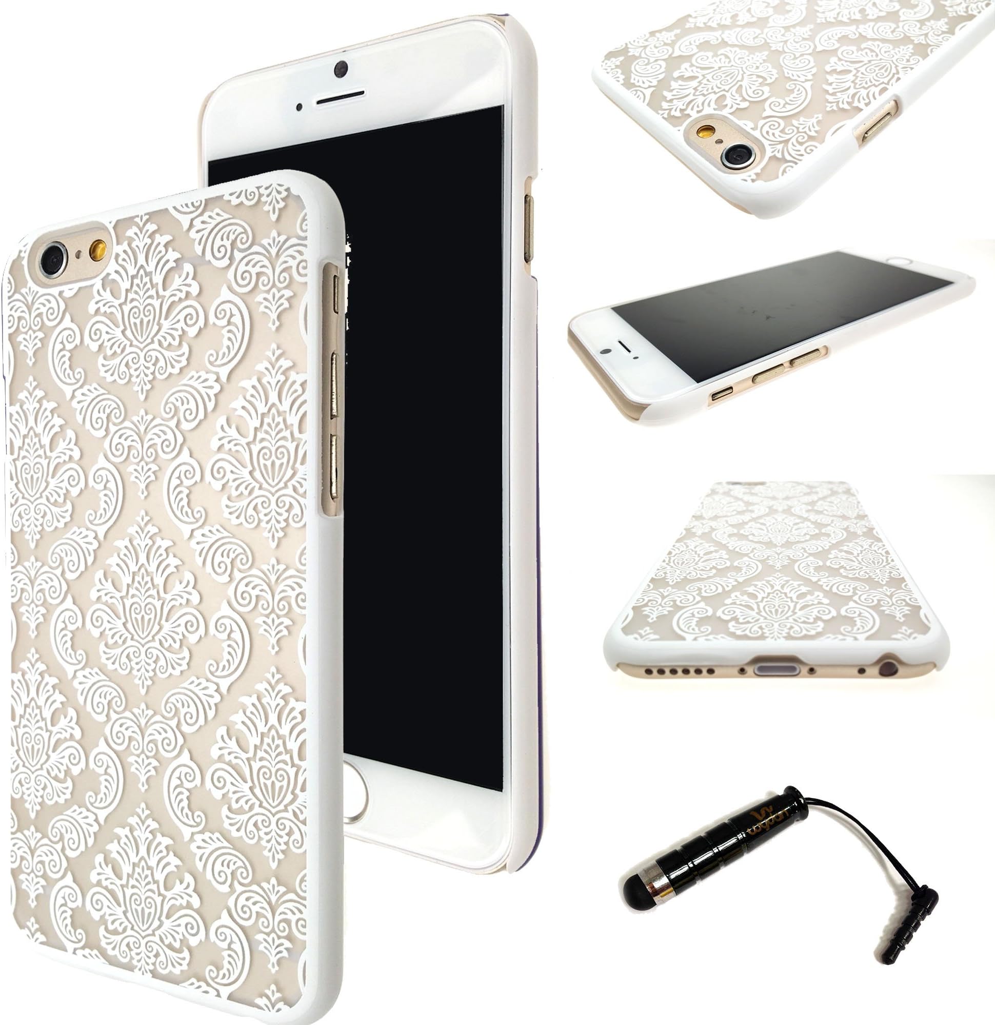 Wydan (TM) Rubberized Damask Lace Design Print Hard Case Cover For Apple iPhone 6 4.7 Inch - White w/Wydan Stylus Pen